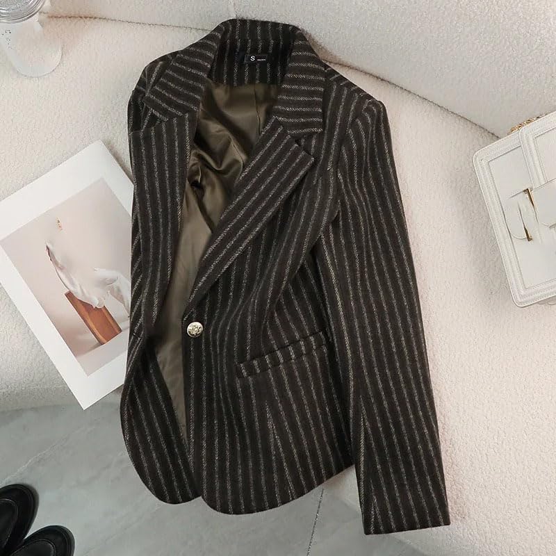 Women's Stripe Woolen Formal Blazer Suit Notched Collar Business Jacket Ladies Office Blazers