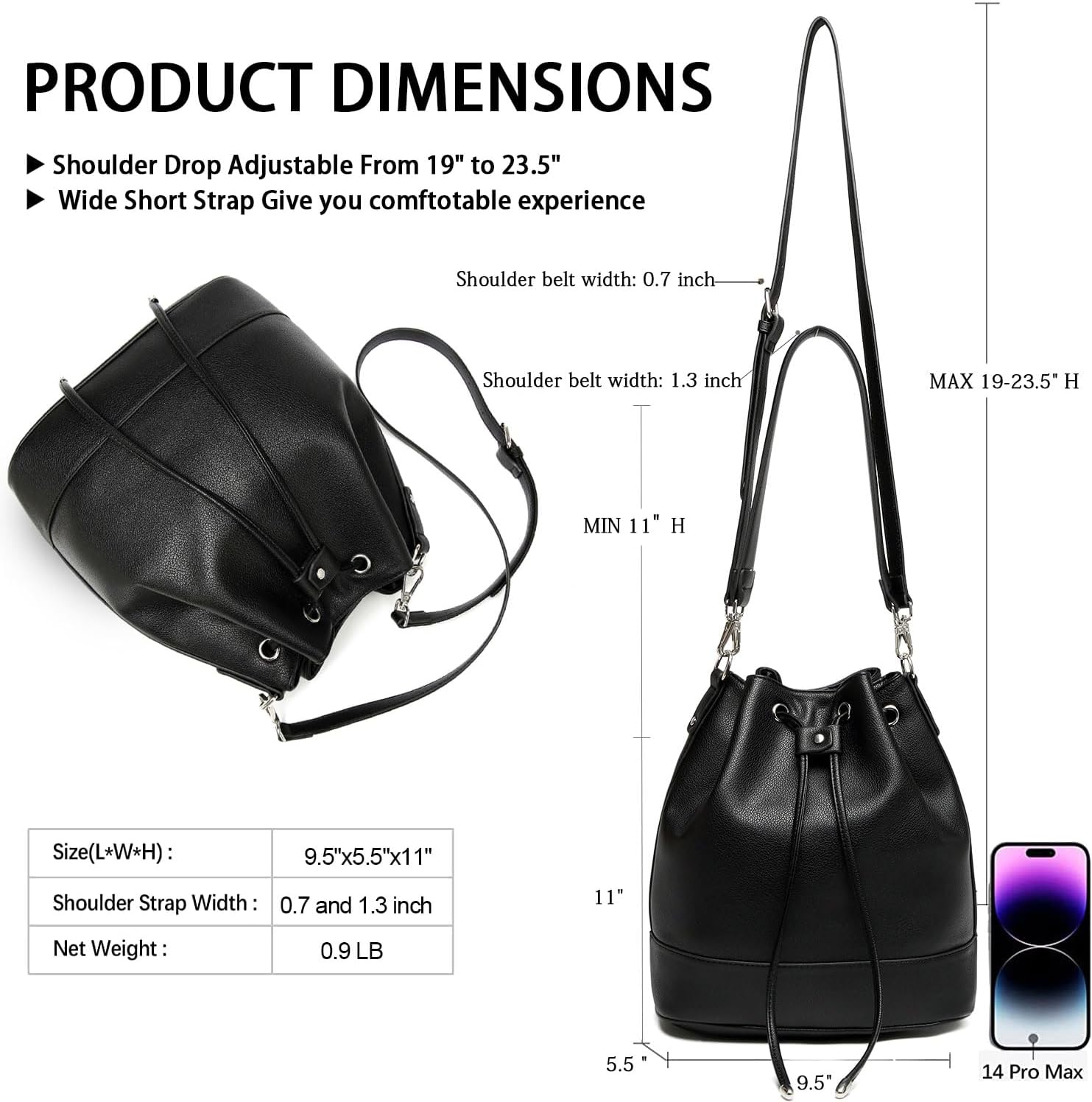 Women's Vegan Leather Bucket Tote Bag Black