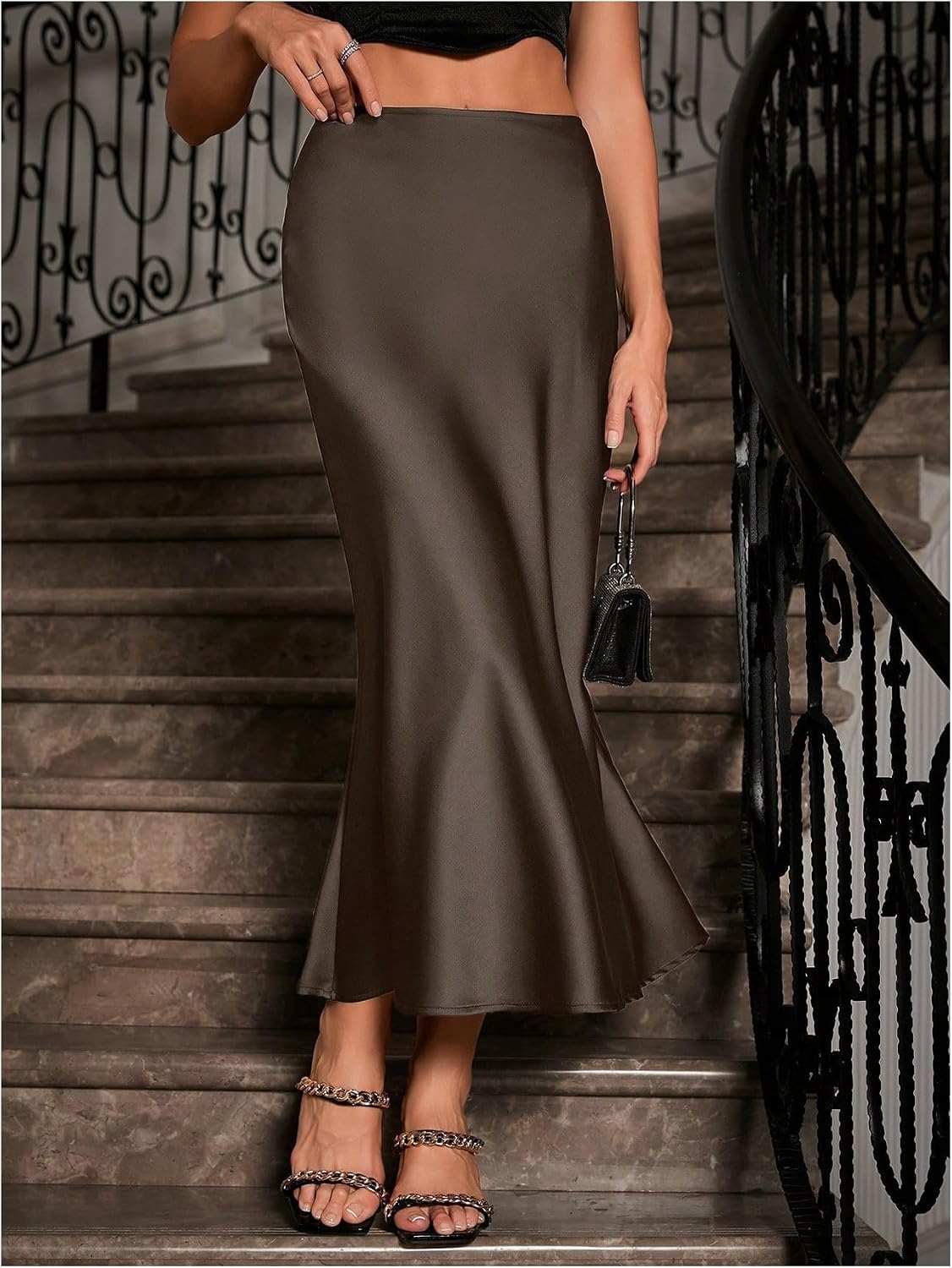Women's Satin Maxi Skirt High Waist Flowy Brown