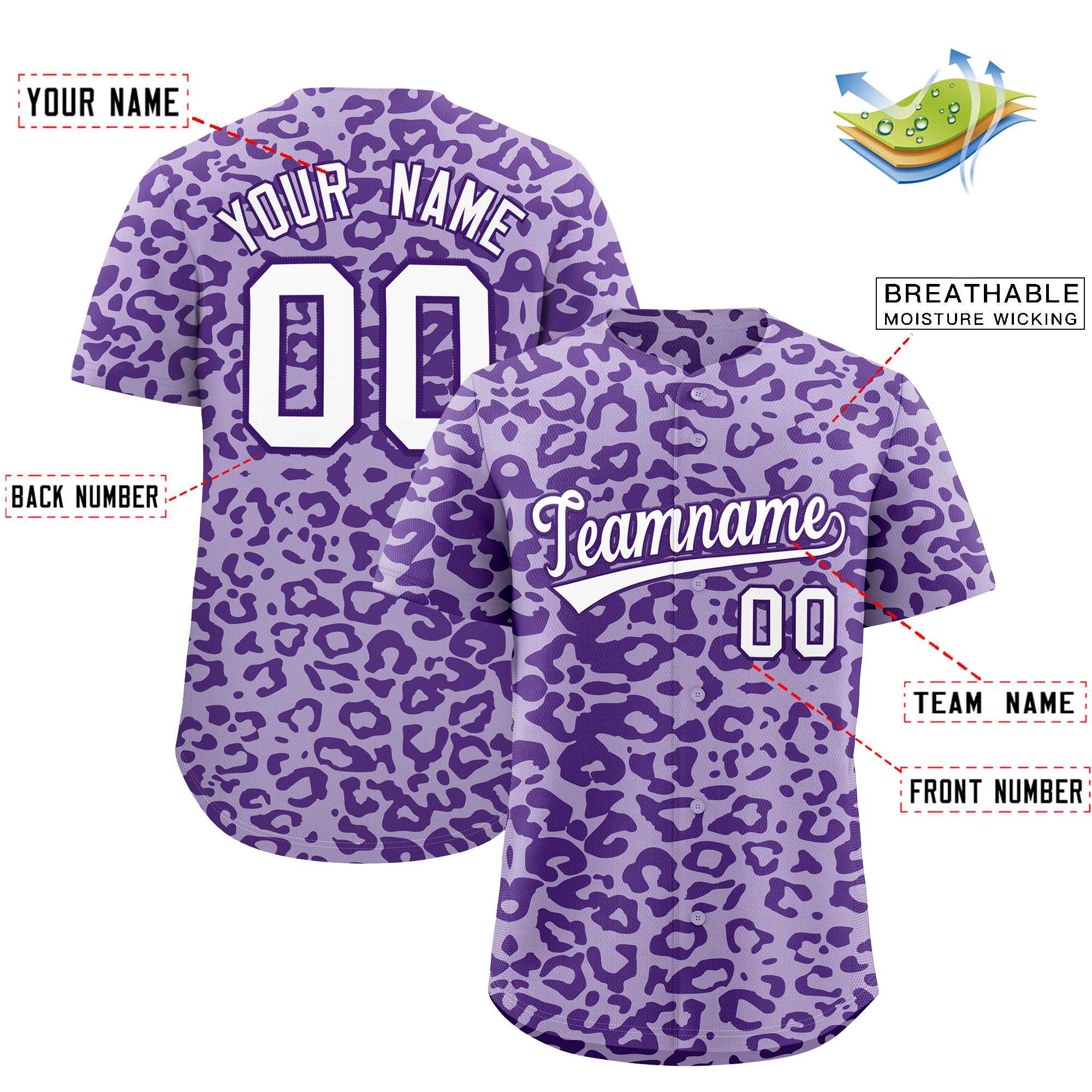 Benutzerdefiniertes authentisches Baseball-Trikot mit hellviolettem Leopardenmustermuster