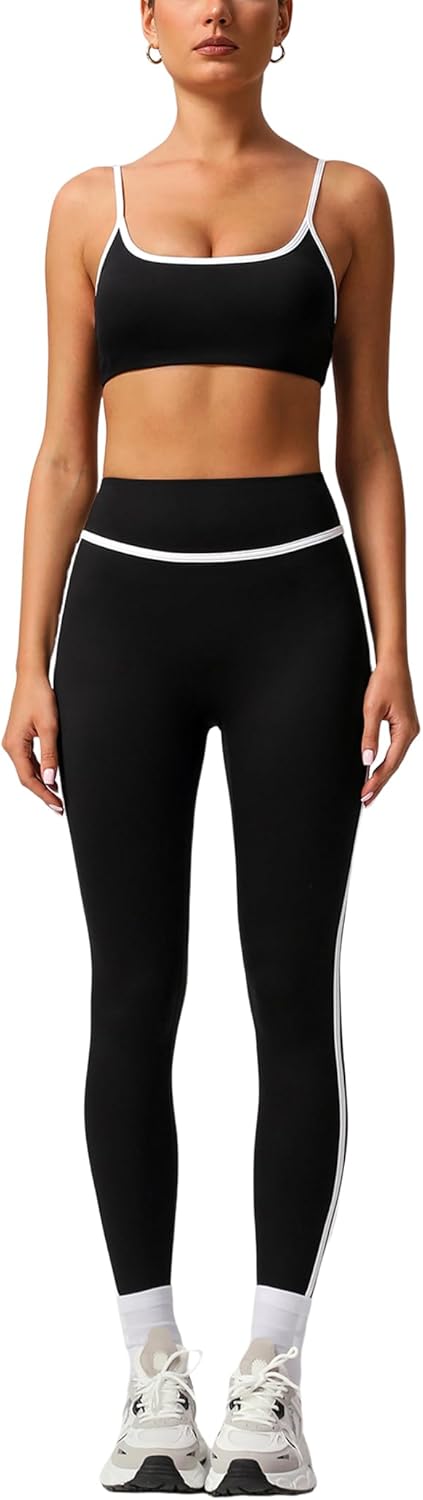 Women's Matching 2 Piece Workout Sets Pilates Yoga Sets Butt Lifting Leggings Color Block Sports Bra Athletic Gym Outfits