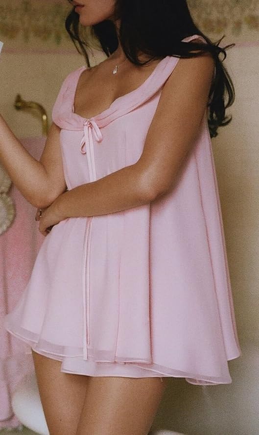 Women's Pink Chiffon Babydoll Top and Shorts Pajama Set