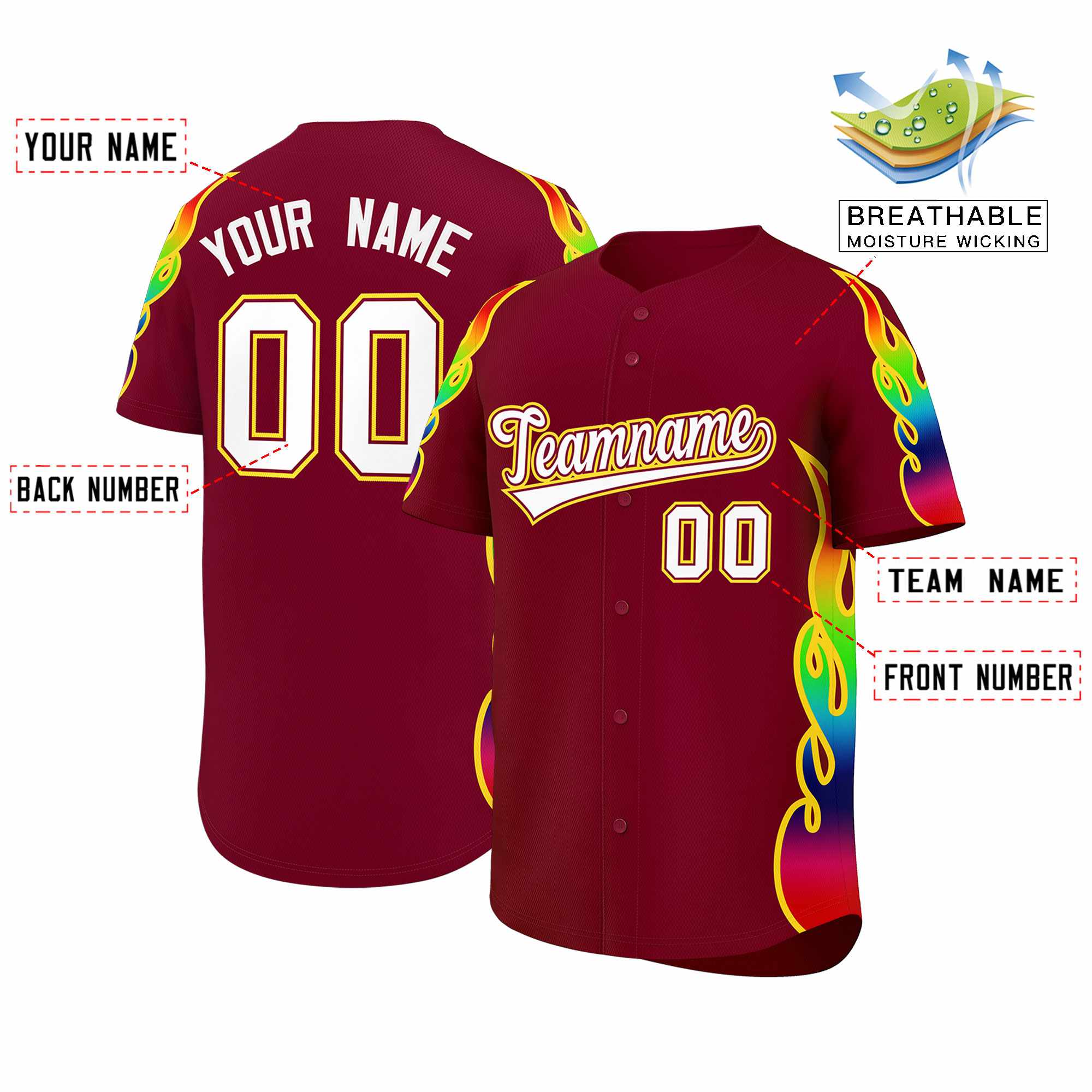 Benutzerdefiniertes Graffiti-Muster, personalisierter mehrfarbiger Flammendruck, authentisches Baseball-Trikot