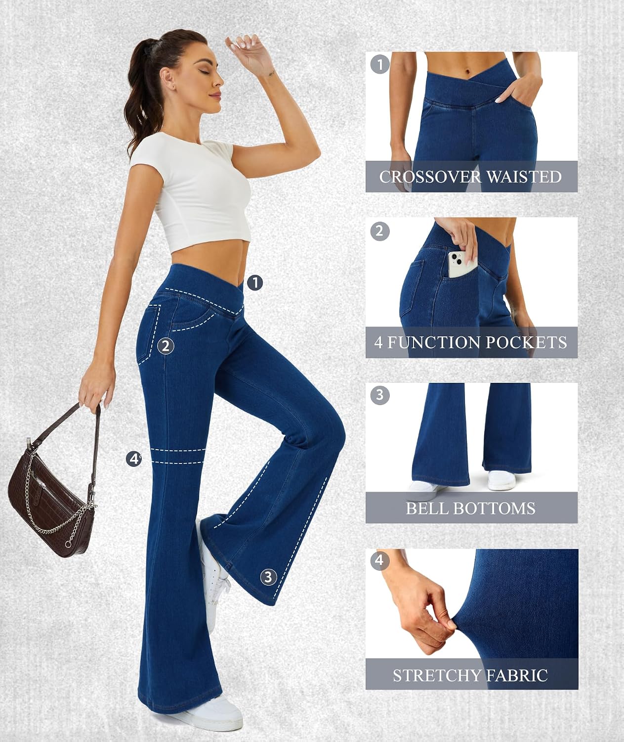 Women's Crossover Waist Flare Leggings Dark Blue Pockets Women's Crossover Waist Flare Leggings Dark Blue Pockets