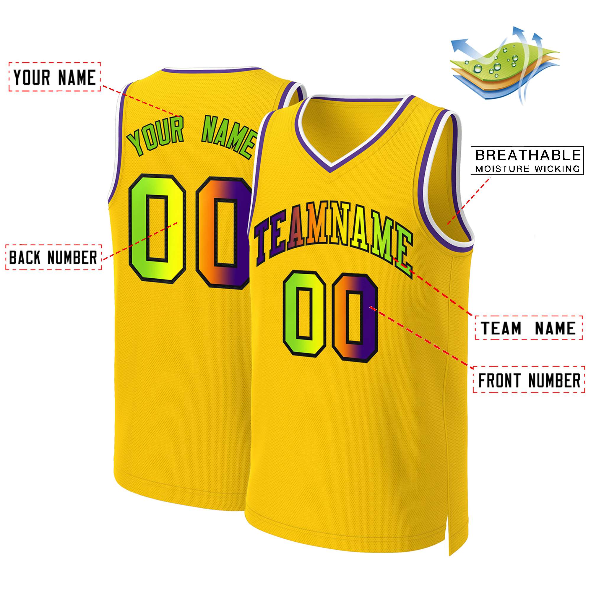 Benutzerdefiniertes Basketballtrikot mit klassischem Farbverlauf und modischen Oberteilen