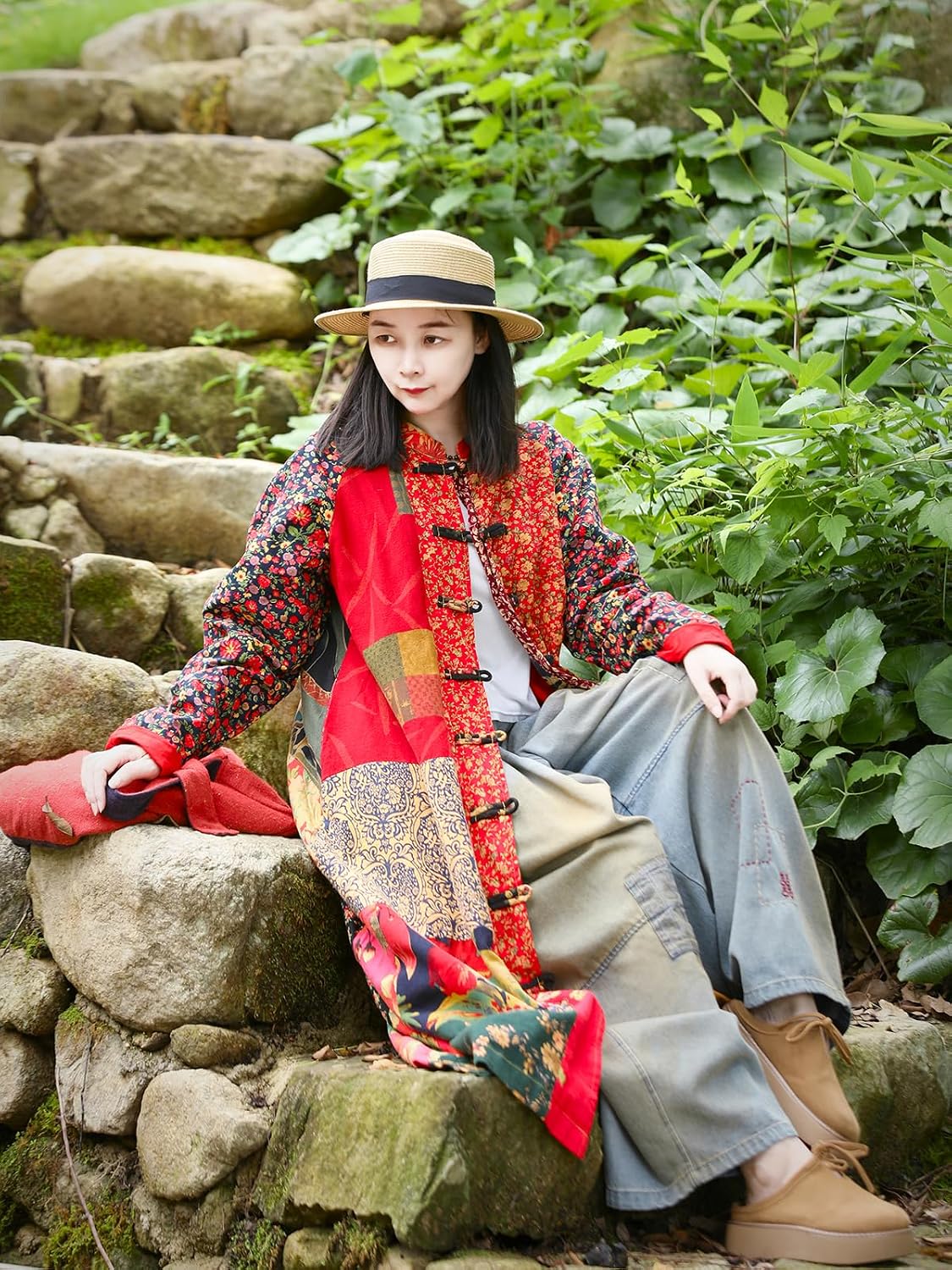 Women\u2018s Patchwork Trench Coat - Floral Cotton Linen Long Jacket Cottagecore Bohemian Outerwear