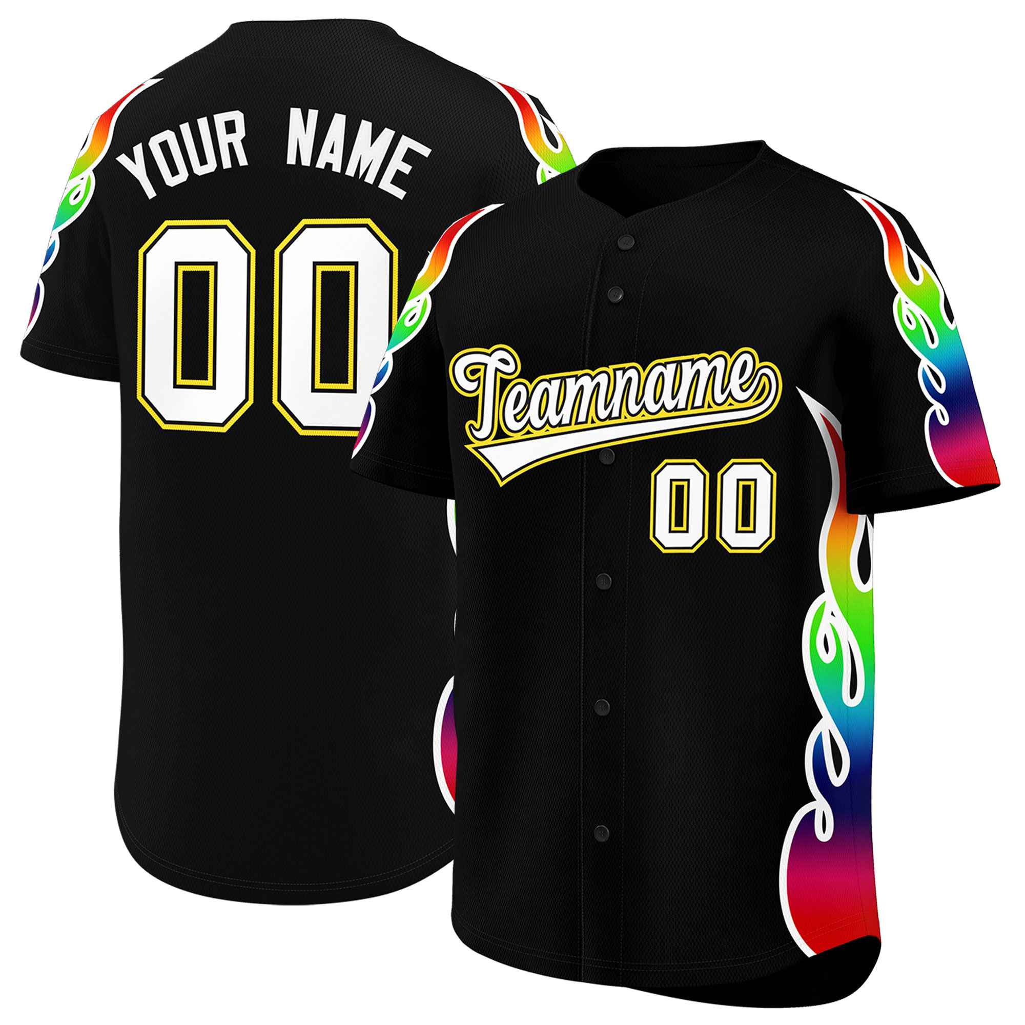 Benutzerdefiniertes Graffiti-Muster, personalisierter mehrfarbiger Flammendruck, authentisches Baseball-Trikot