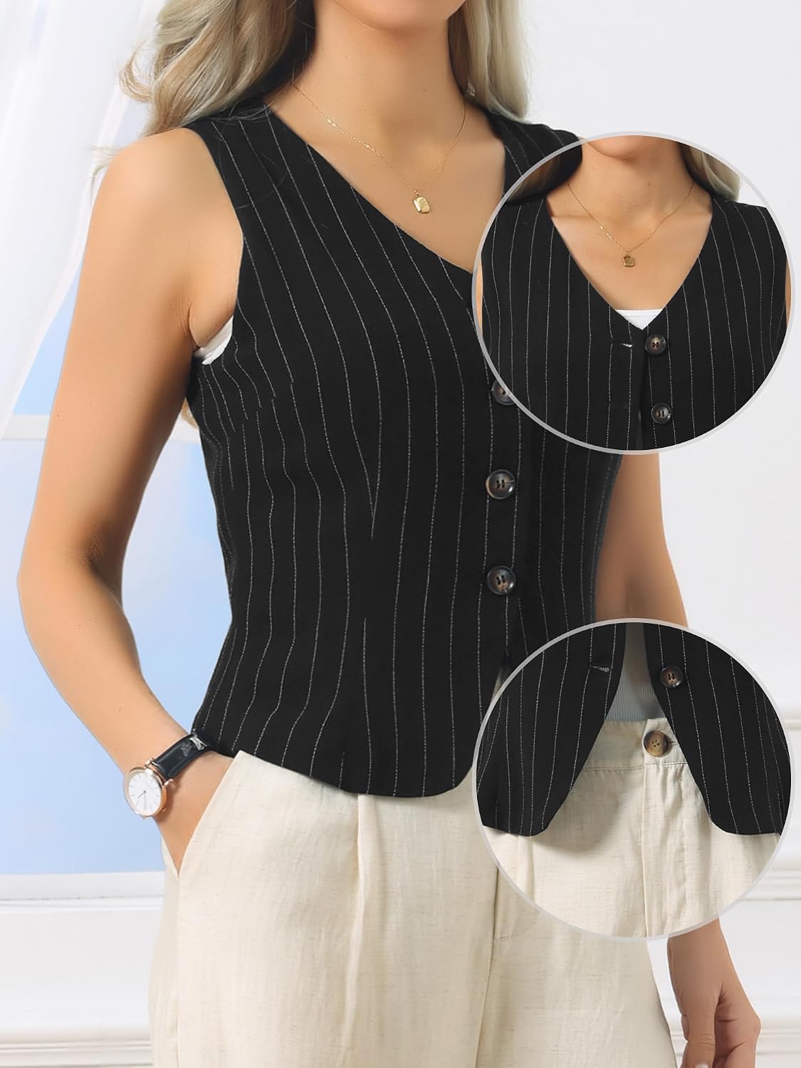 Women's Pinstripe Linen Vest V Neck Button Crop Waistcoat