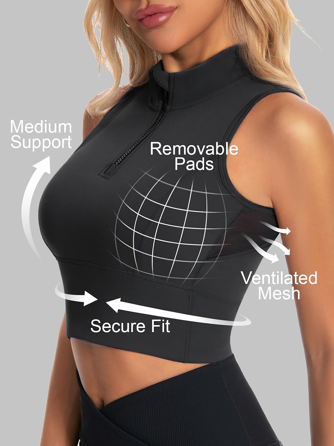 Women's Half Zip Crop Tank with High Neck Support