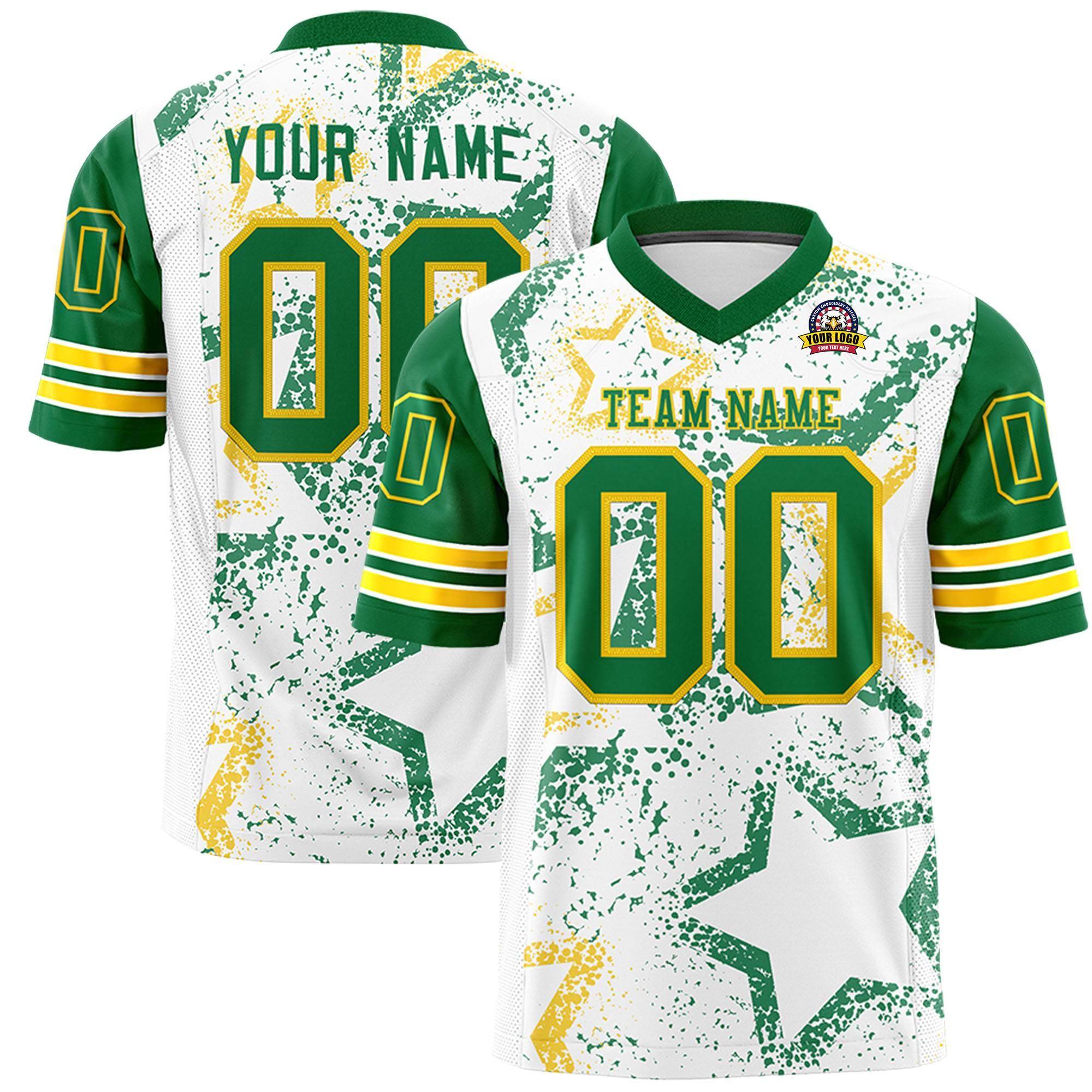 Benutzerdefiniertes weißes Kelly-Grün-Gold, personalisiertes Sternmuster-Design, authentisches Fußballtrikot