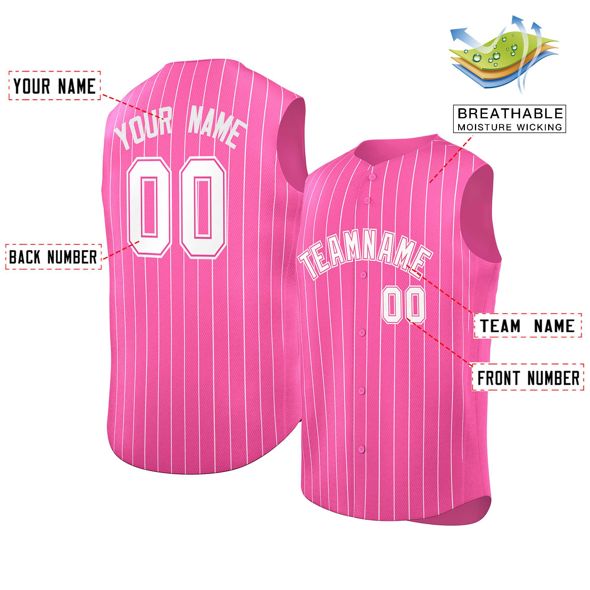 Benutzerdefiniertes, modisches, authentisches, ärmelloses Baseball-Trikot mit rosa weißen Streifen