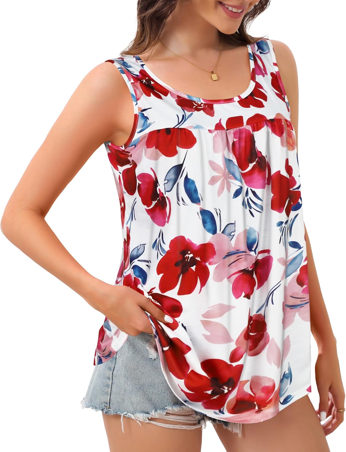 Women's Floral Print Sleeveless Flowy Tank, White Women's Floral Print Sleeveless Flowy Tank, White