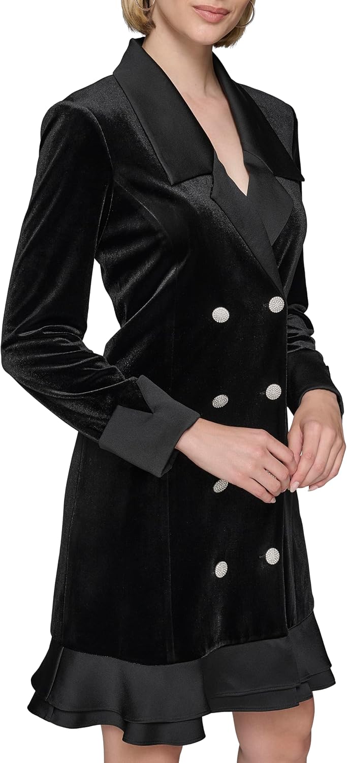 Women's Double Breasted Velvet Blazer Mini Dress Black Women's Double Breasted Velvet Blazer Mini Dress Black