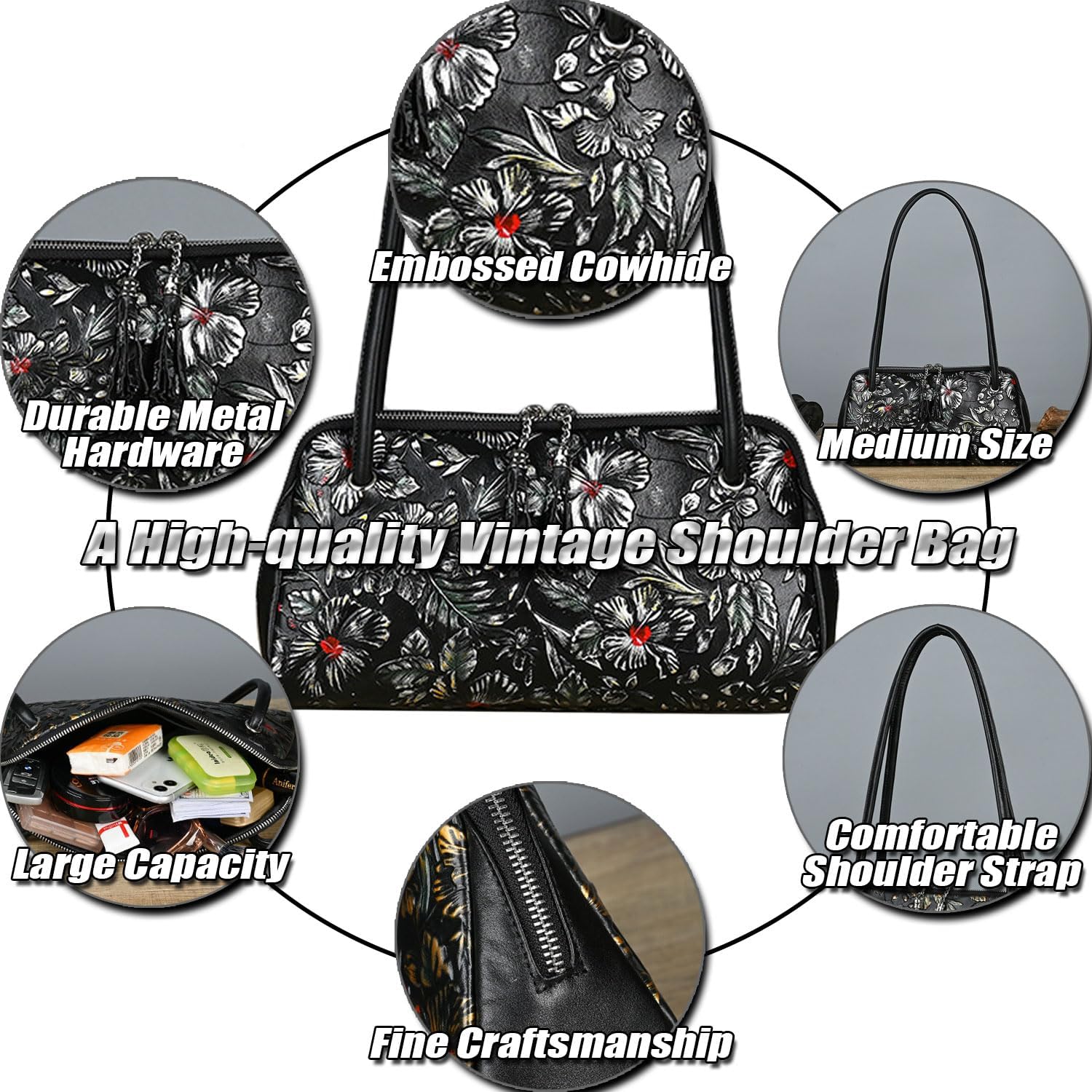 Women's Floral Tooled Cowhide Shoulder Handbag Black