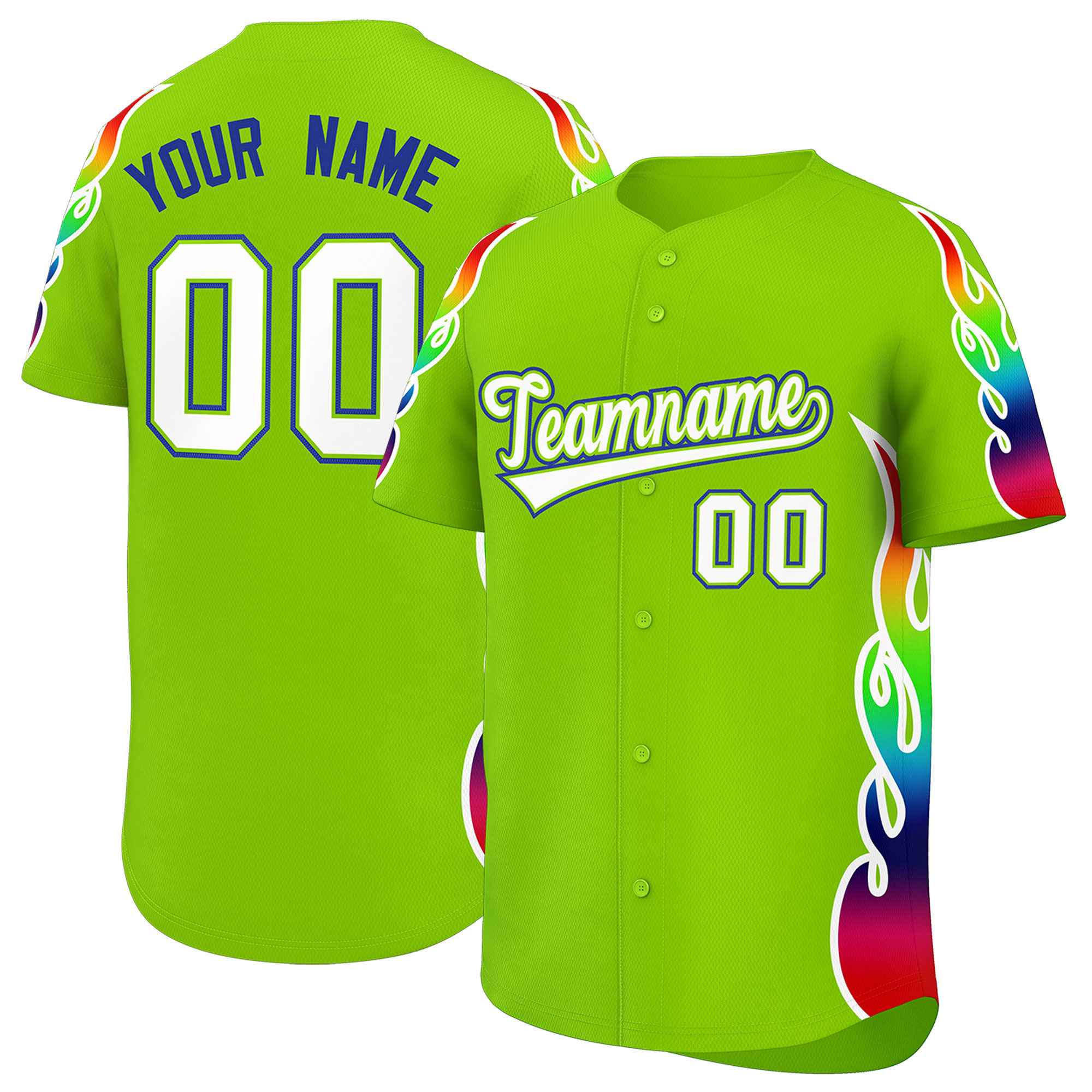 Benutzerdefiniertes Graffiti-Muster, personalisierter mehrfarbiger Flammendruck, authentisches Baseball-Trikot