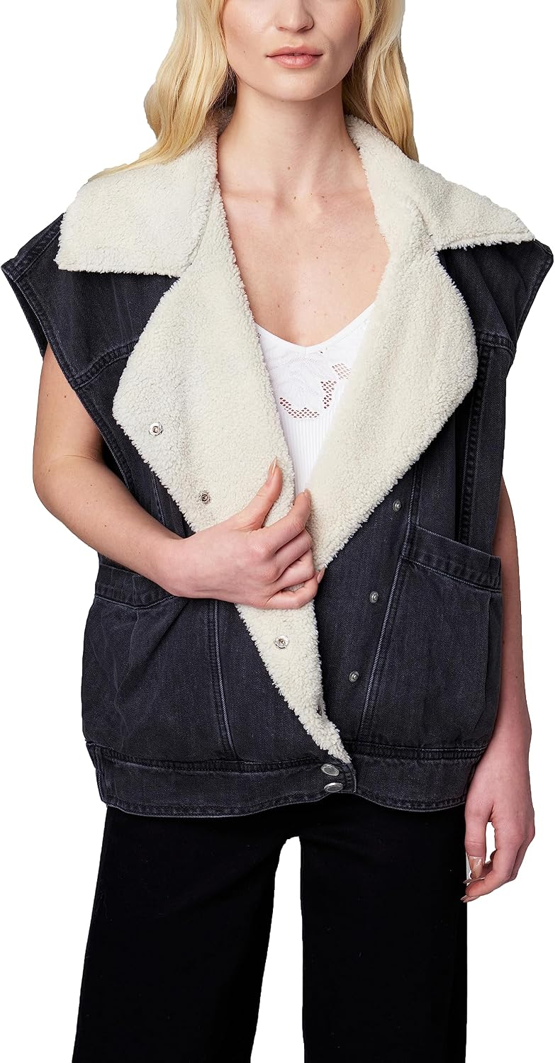 Women's Sherpa Lined Denim Vest Snap Front Cream Trim