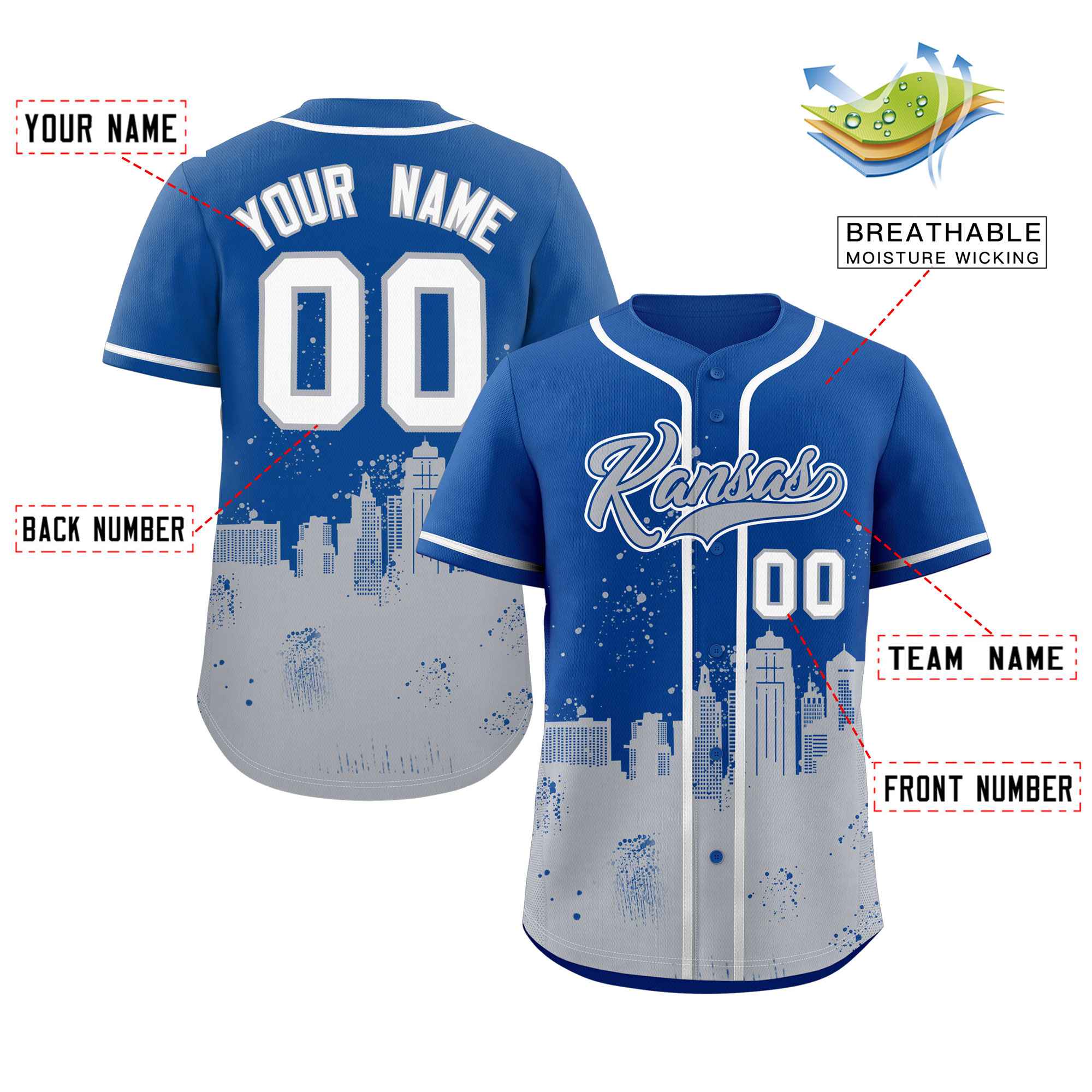 Benutzerdefinierte Royal Grey personalisierte Kansas City Nightscape authentische Baseball-Trikot
