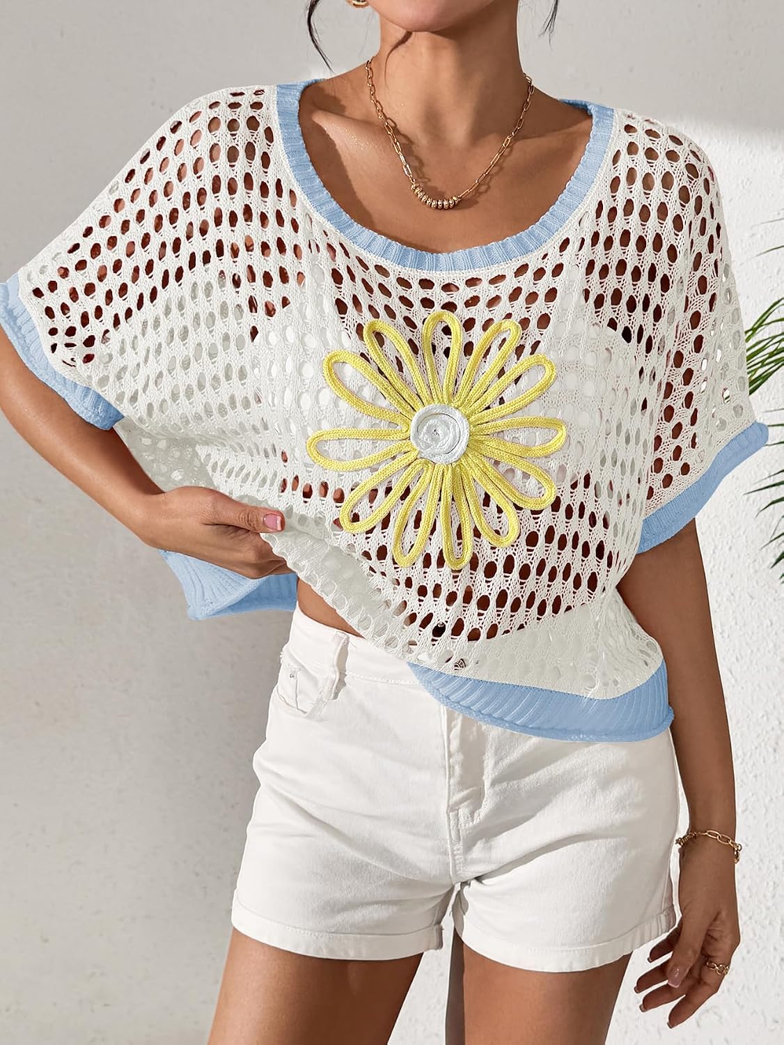Women's Daisy Applique Open Knit Pullover