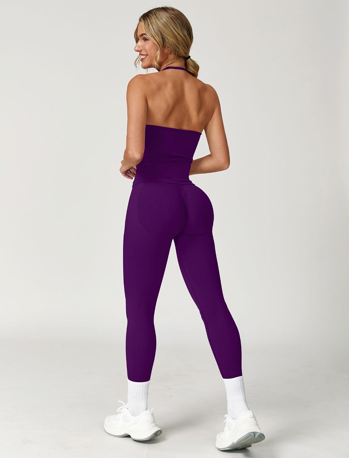 Women's Seamless Workout Set Halter Tank Leggings Purple