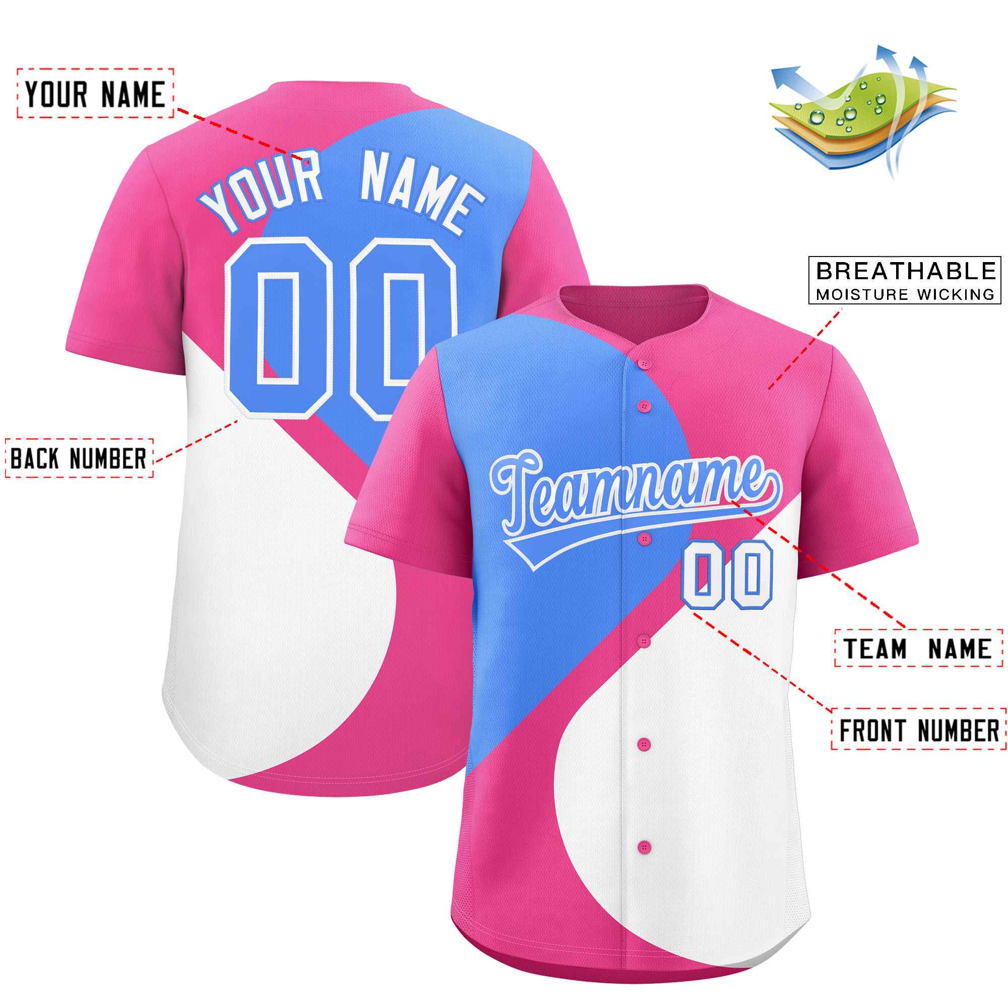 Benutzerdefiniertes authentisches Baseball-Trikot mit rosa puderblau-weißem Farbblock, personalisiertem Halbherzmuster