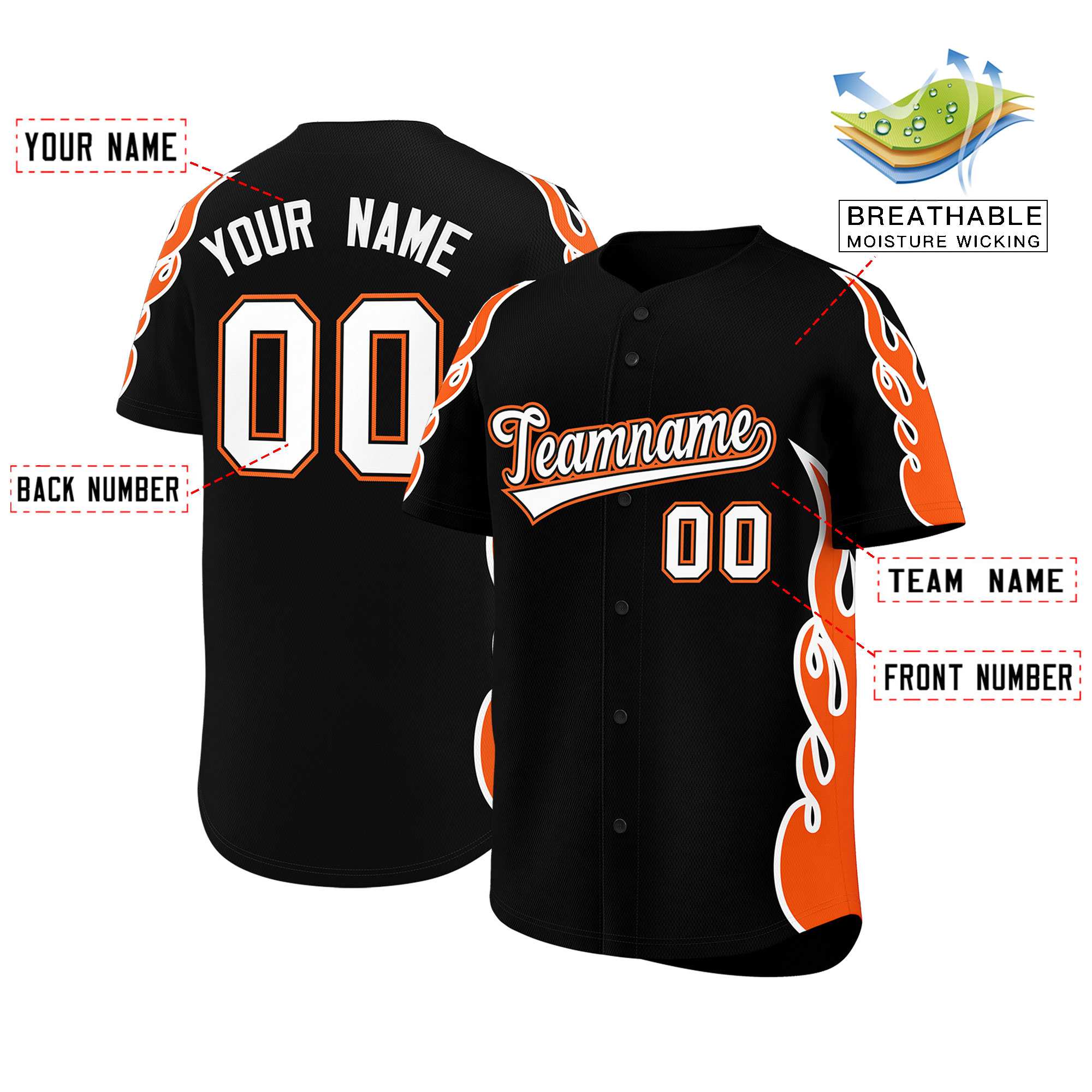 Benutzerdefiniertes Baseball-Trikot mit Seitenflammen-Umrissmuster für Sportuniformen