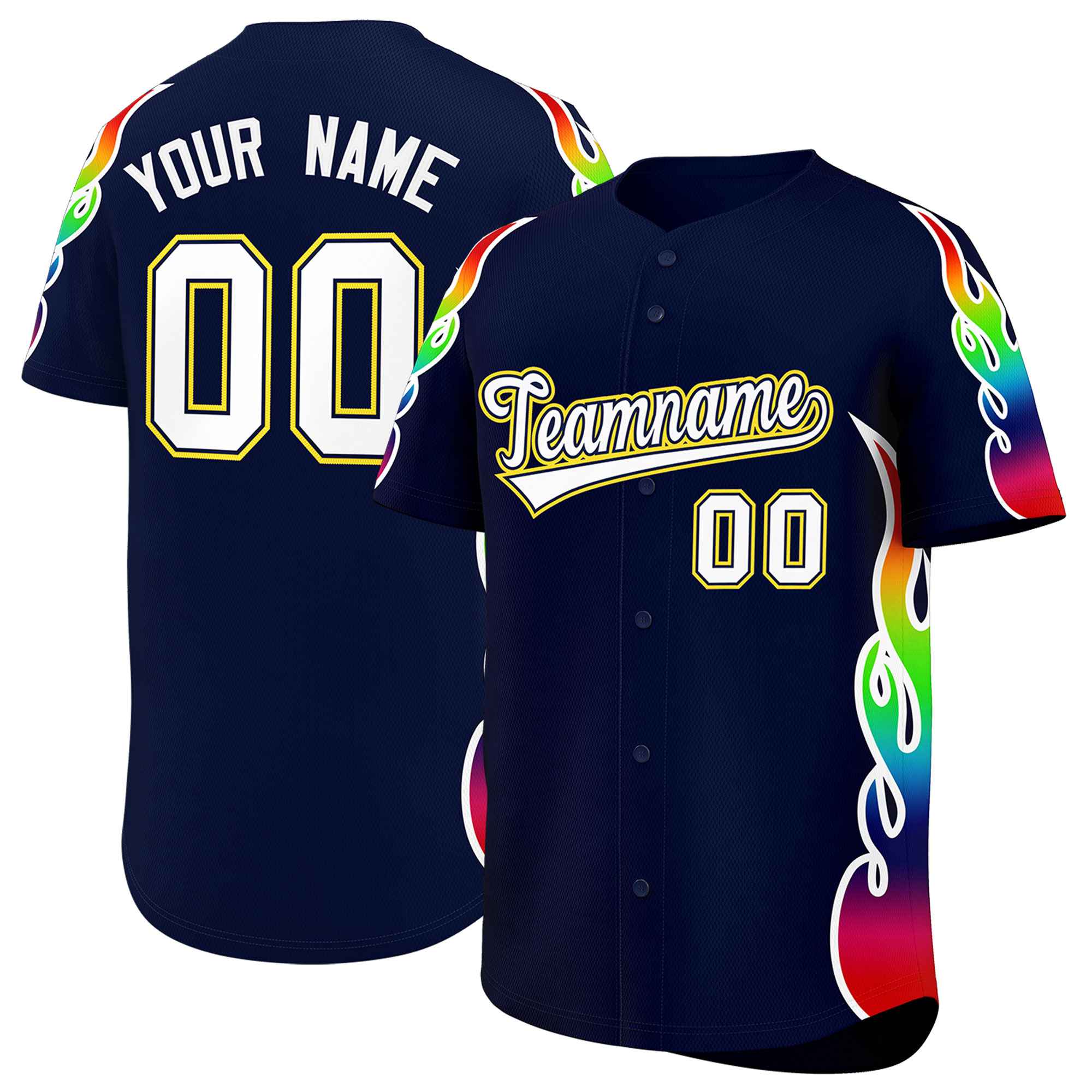 Benutzerdefiniertes Graffiti-Muster, personalisierter mehrfarbiger Flammendruck, authentisches Baseball-Trikot