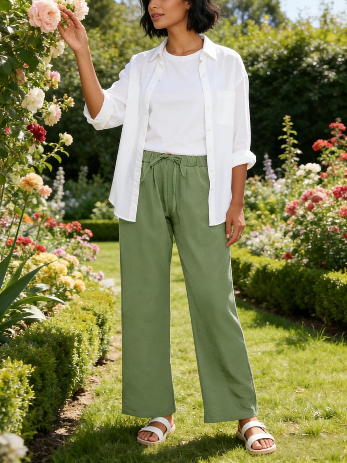 Womens Casual Pants Drawstring Elastic High Waisted Fit Straight Summer Beach Dress Trousers