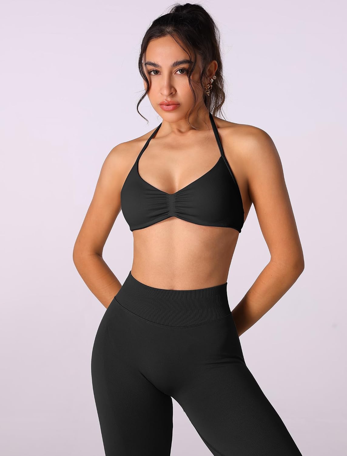 Women's Seamless Halter Bra Scrunch Leggings Gym Set Blue