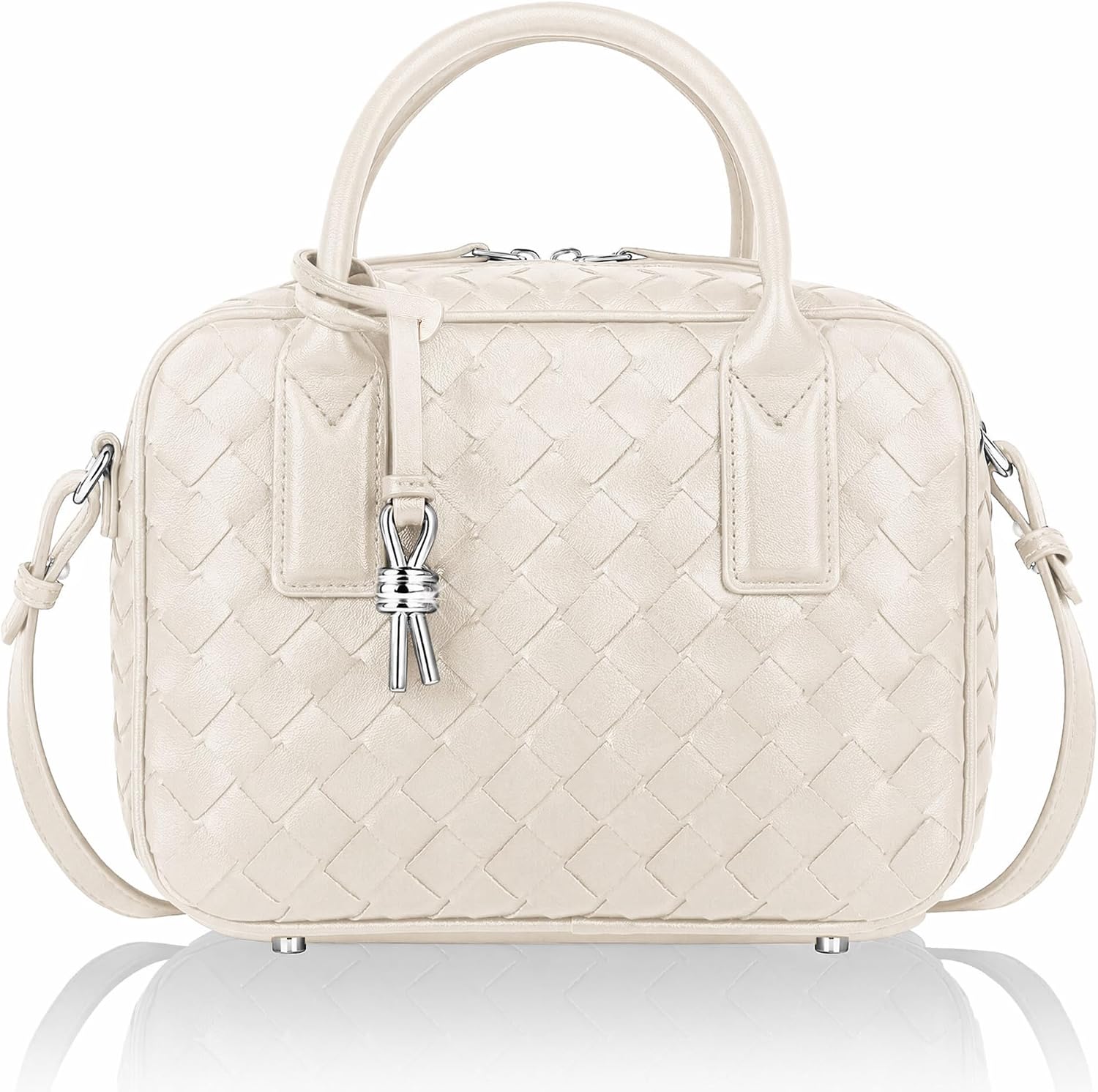 Women's Woven Vegan Leather Top-Handle Boston Bag, Cream