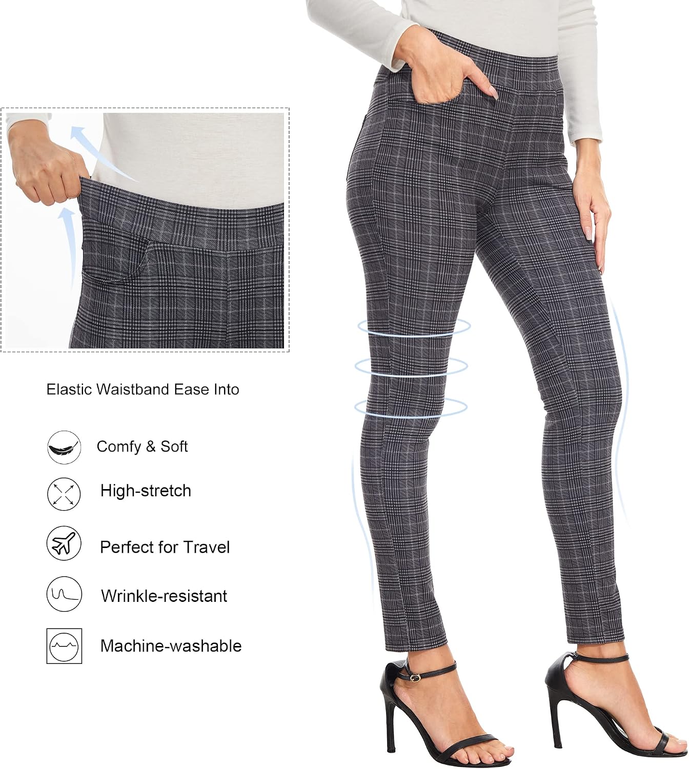 Women's Plaid Pull-On Skinny Pants (Grey) Women's Plaid Pull-On Skinny Pants (Grey)