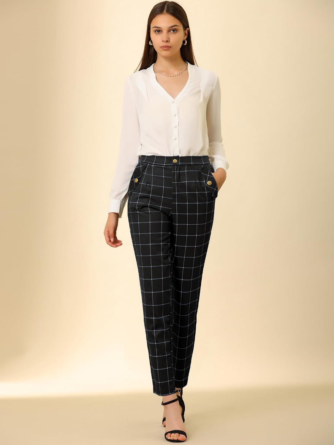 Women's Vintage Tartan Plaid Pants Elastic Waist Straight Long Trousers