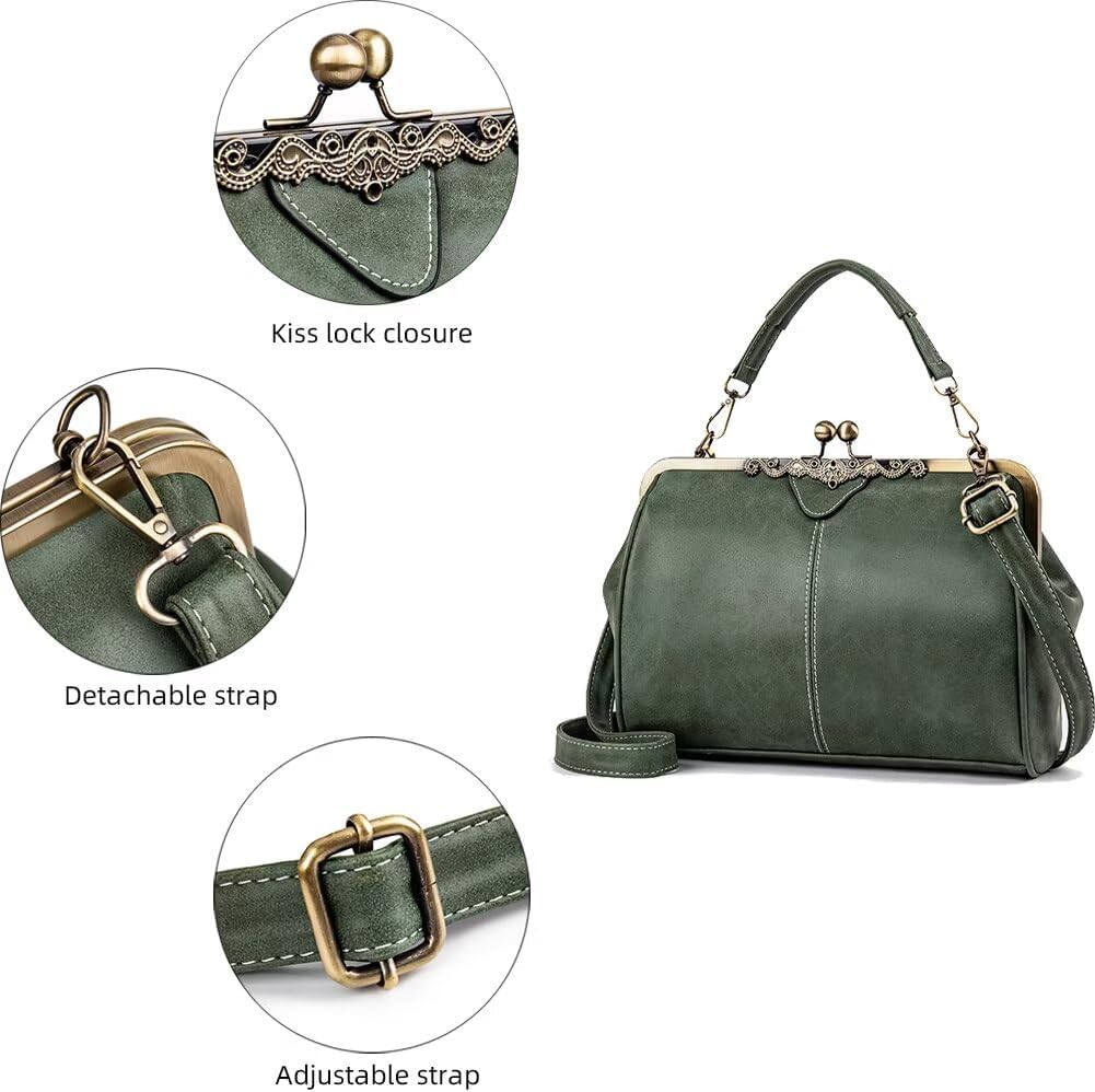 Women's Vintage Kiss Lock Top Handle Satchel Bag Green