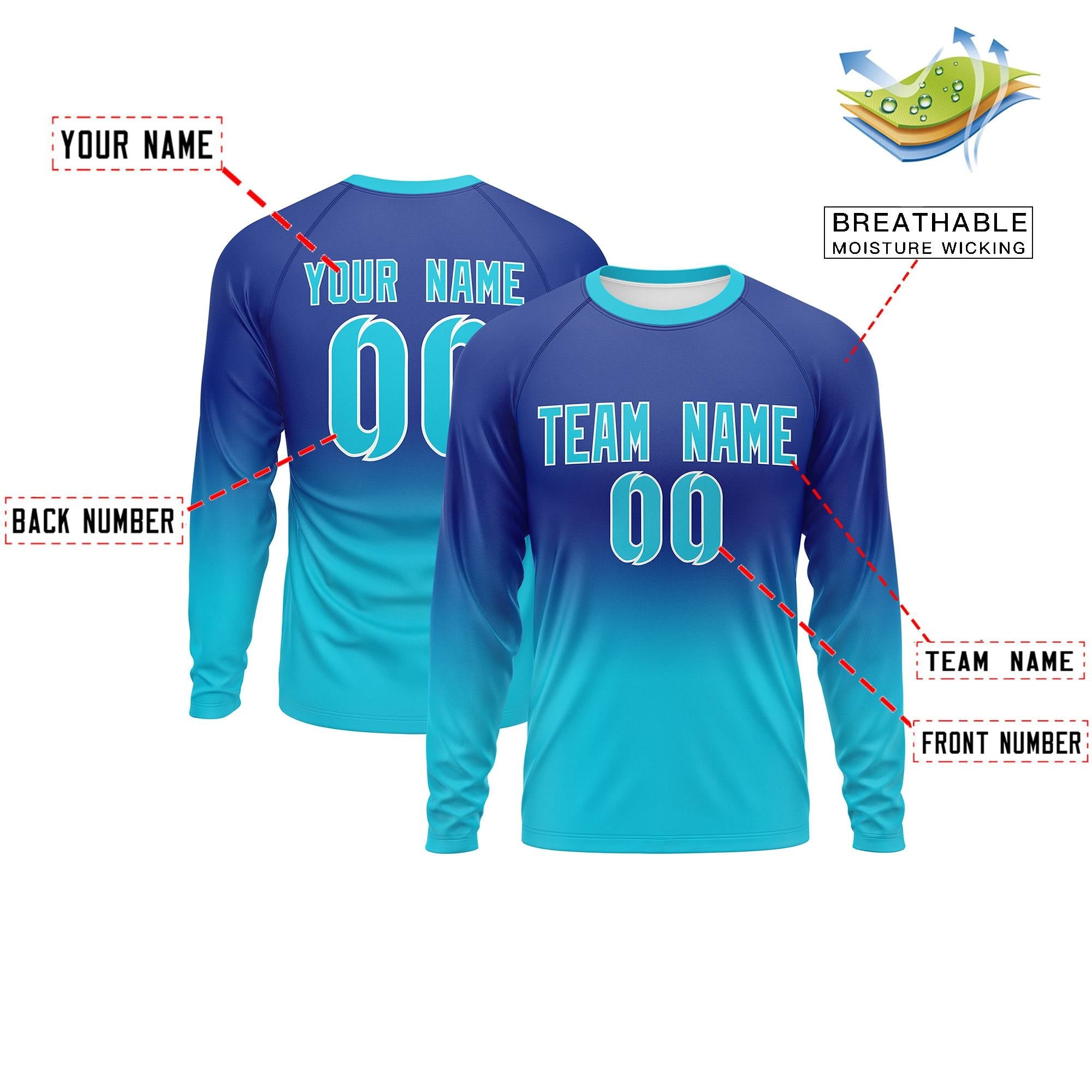 Benutzerdefiniertes Langarm-Performance-T-Shirt mit königsblauem Farbverlauf und modischem Design