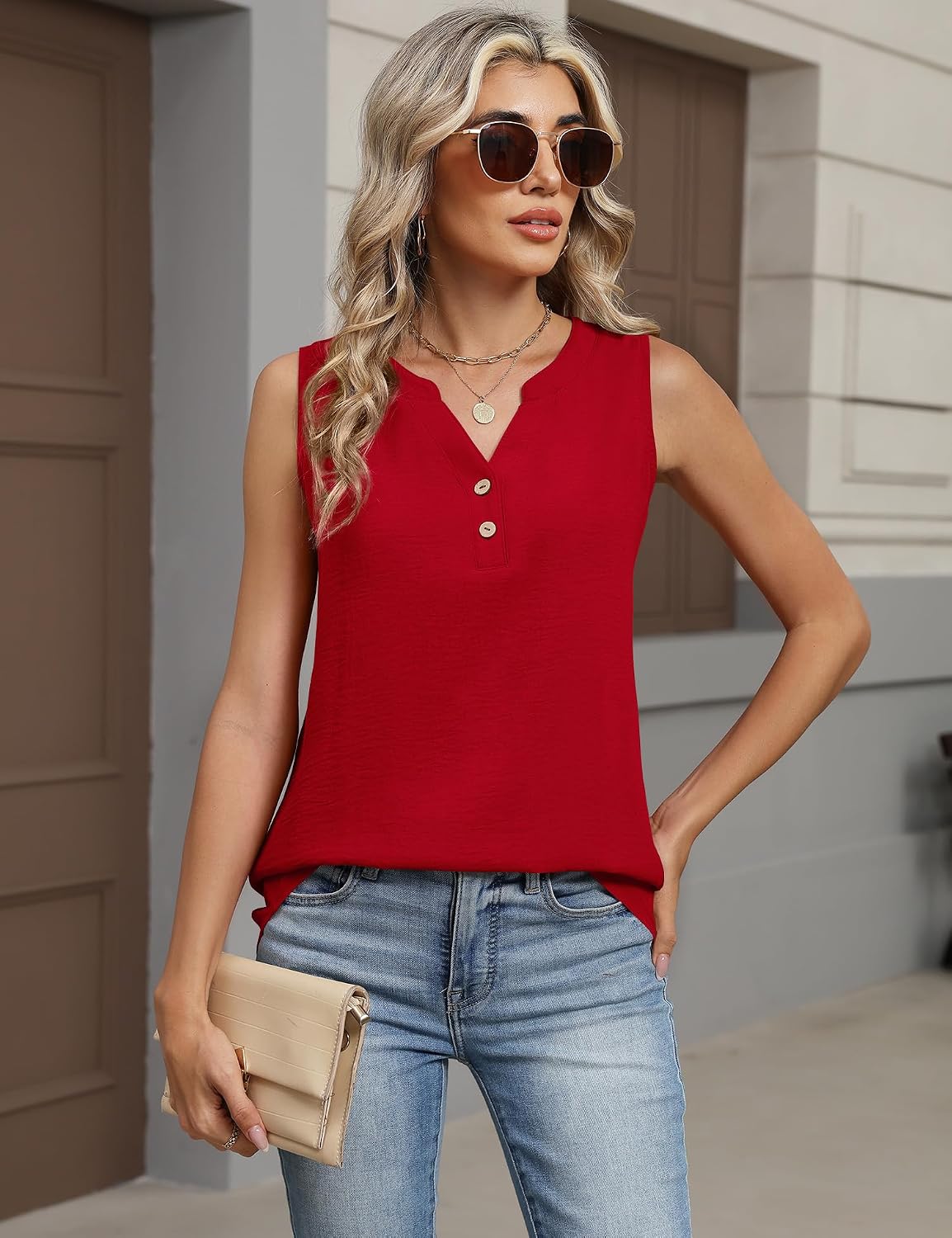 Women's V Neck Button Down Loose Tank, Red Women's V Neck Button Down Loose Tank, Red