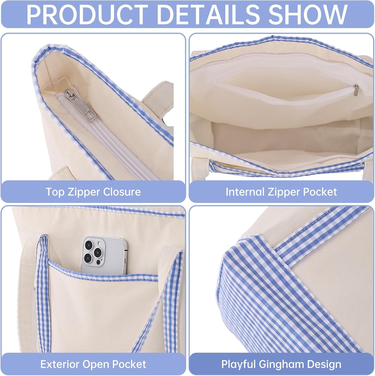 Women's Canvas Gingham Trim Tote Bag Beige Blue