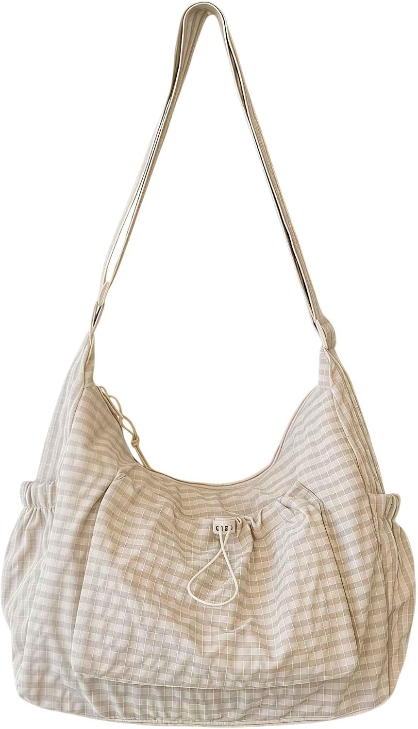 Women's Plaid Nylon Hobo Crossbody Bag with Drawstring Pocket
