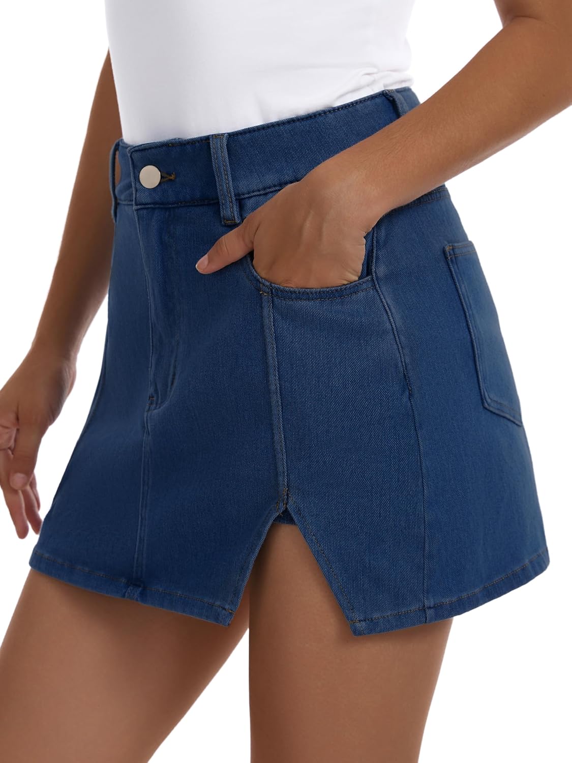 Women's High Waisted Side Slit Denim Skort Blue