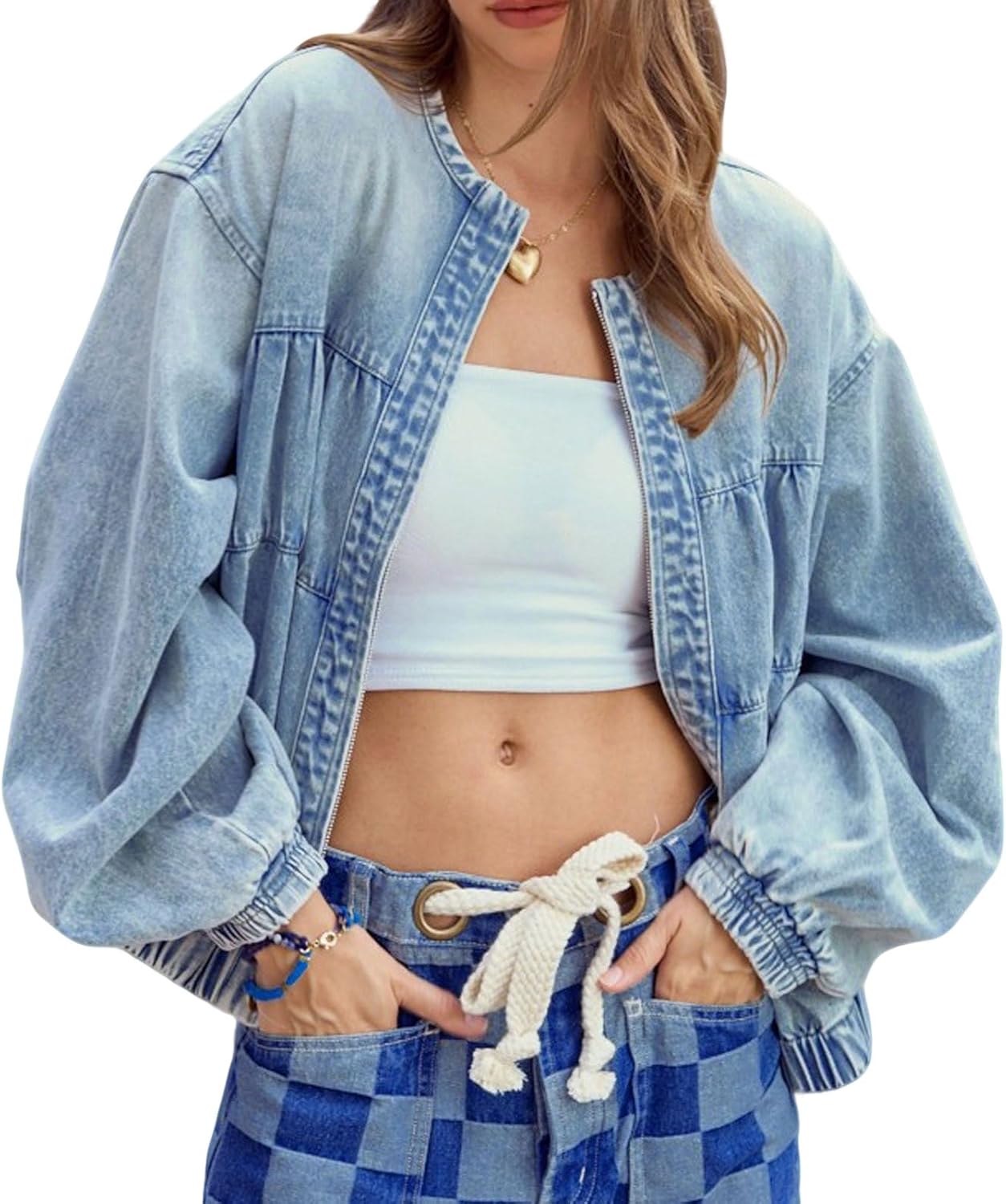 Women Zip Up Oversized Denim Jean Jacket Long Sleeve Distressed Patchwork Bomber Fall Trucker Coat Collarless