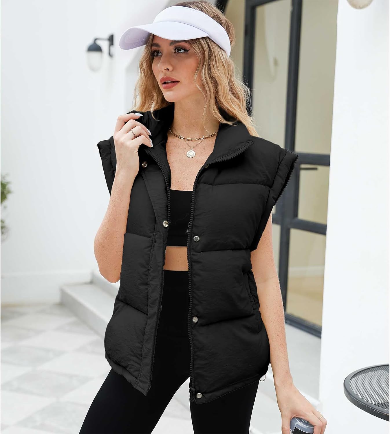 Women's Puffer Vest Stand Collar Snap Front Padded Jacket