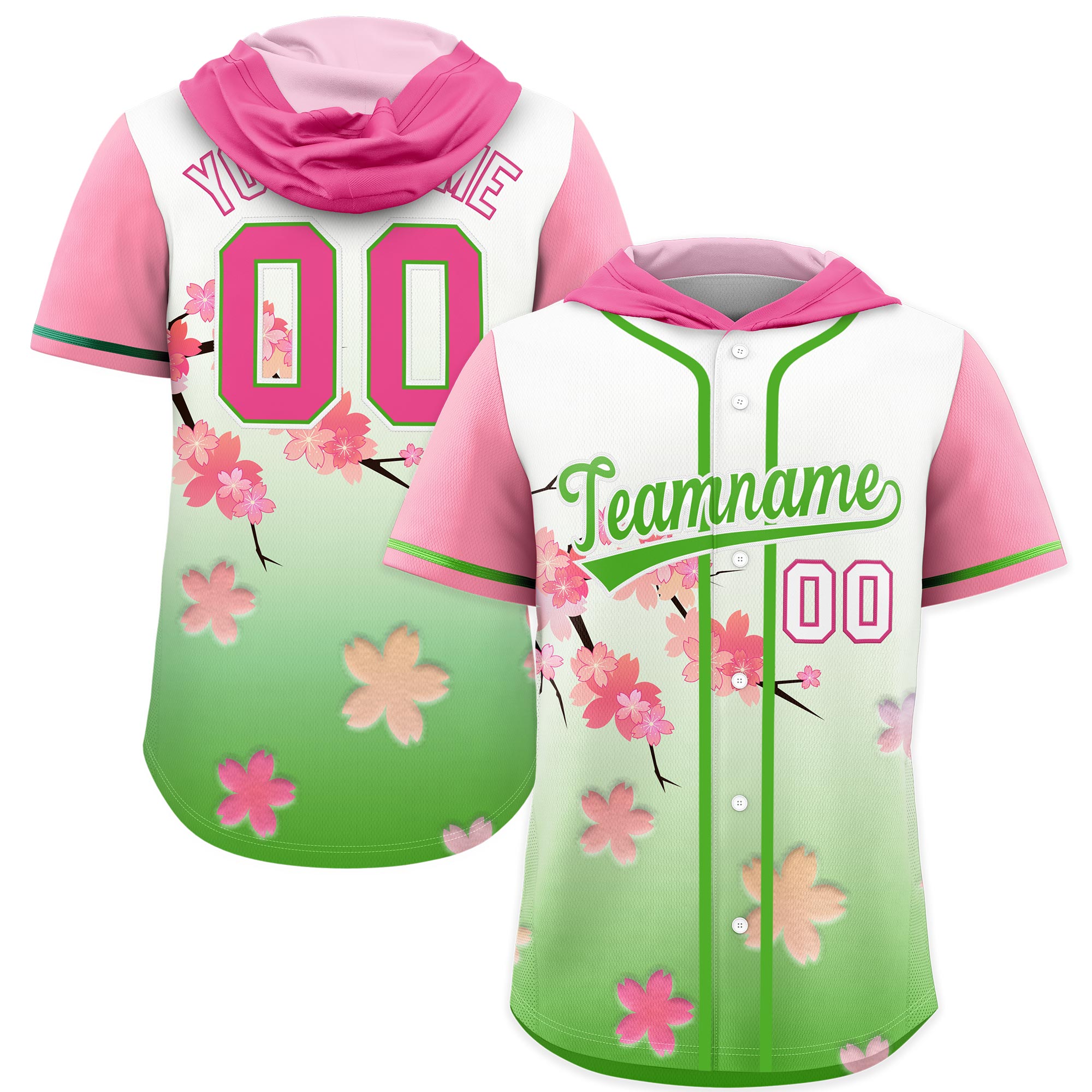 Benutzerdefinierte hellgrüne Kirschblüten-Raglanärmel, feuchtigkeitsableitendes Baseball-Kapuzentrikot