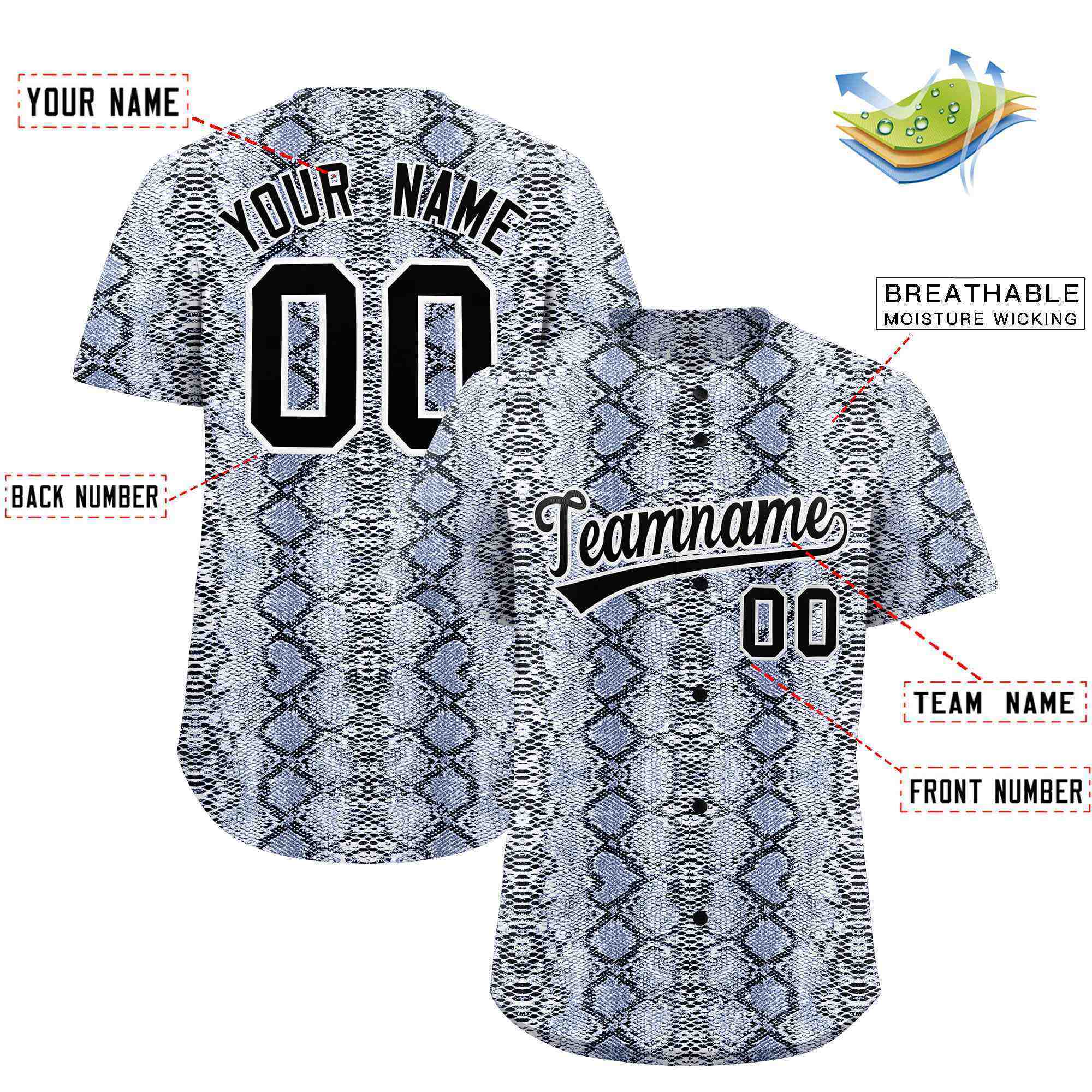Benutzerdefiniertes authentisches Baseball-Trikot mit mehrfarbigem Schlangenledermuster