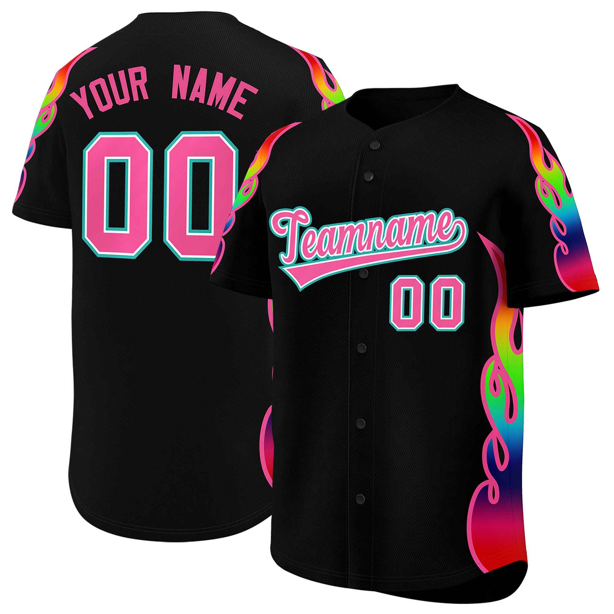 Benutzerdefiniertes Graffiti-Muster, personalisierter mehrfarbiger Flammendruck, authentisches Baseball-Trikot