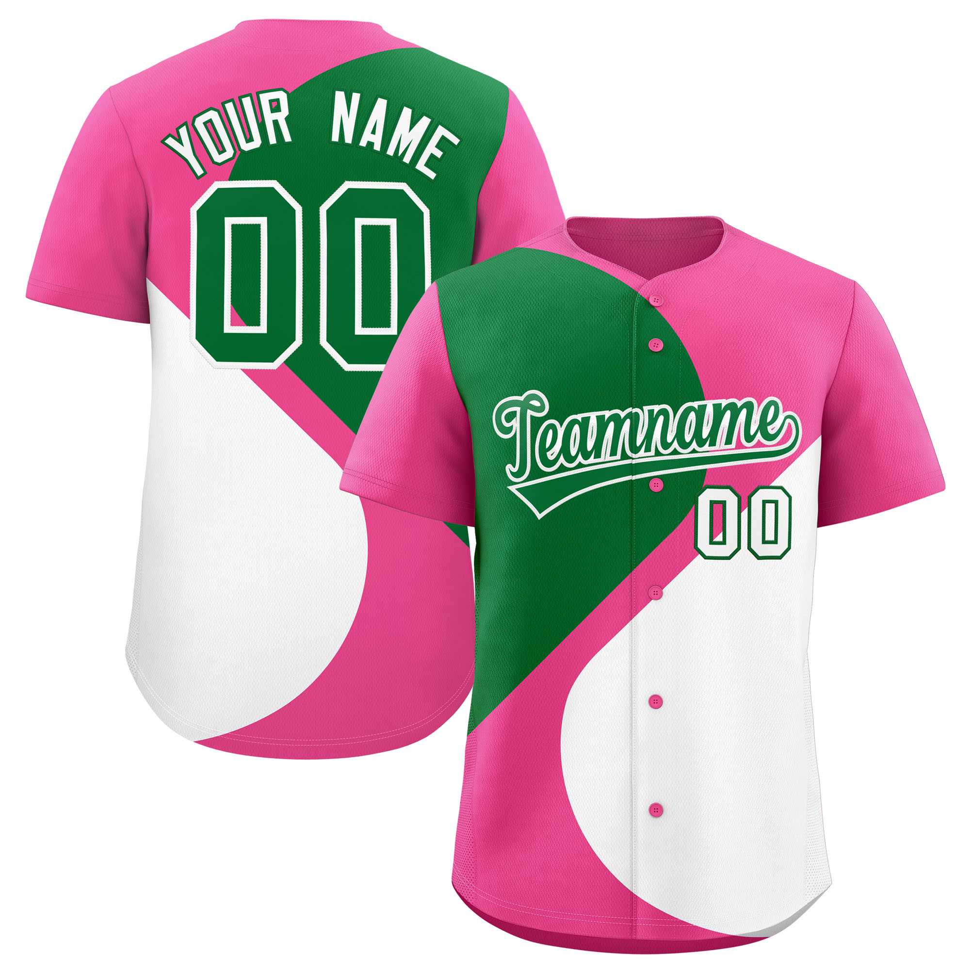 Benutzerdefiniertes authentisches Baseball-Trikot mit rosa Kelly-Grün-Weiß-Farbblock, personalisiertes halbes Herzmuster
