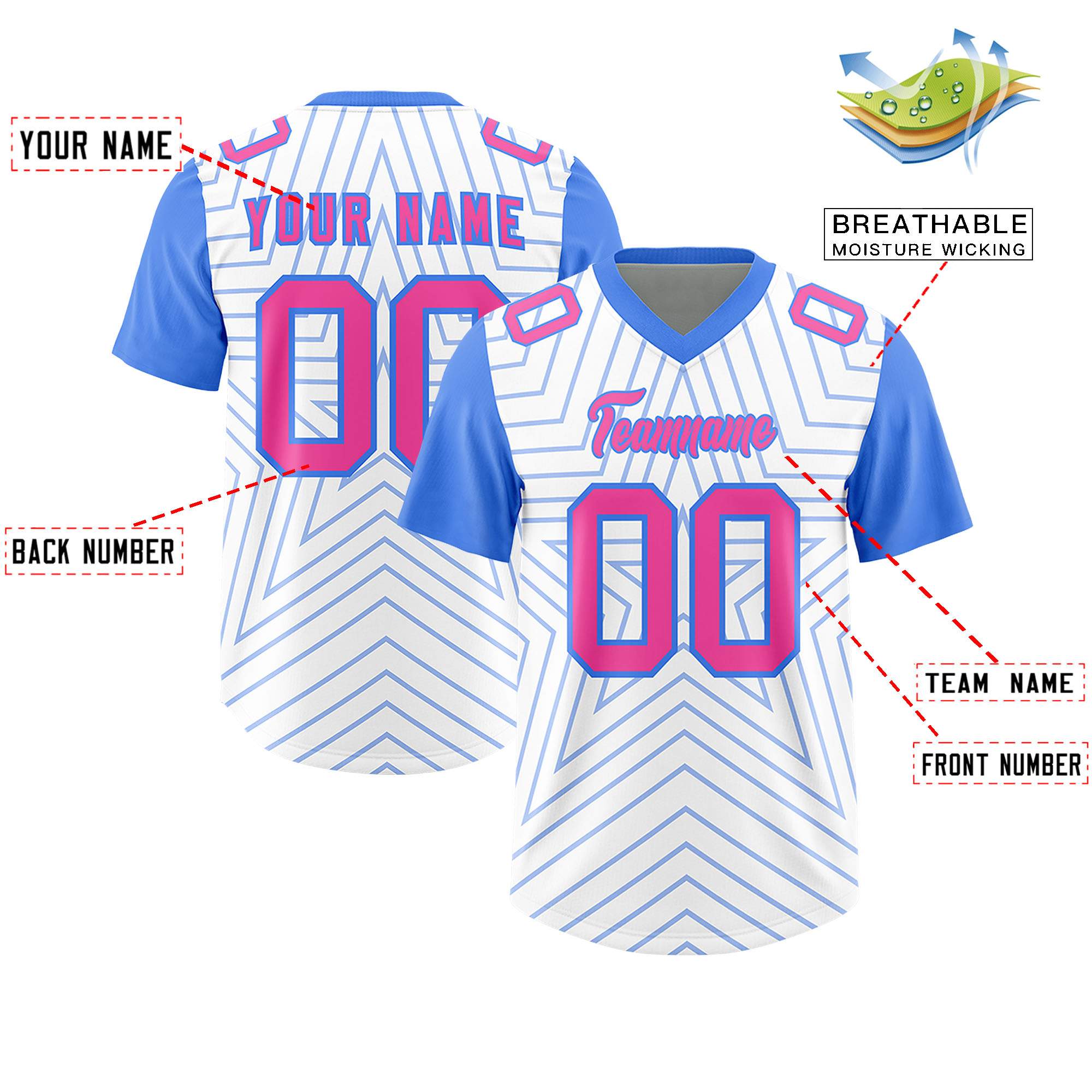 Individuell personalisiertes, authentisches Fußballtrikot mit Raglanärmeln und Sternenmuster
