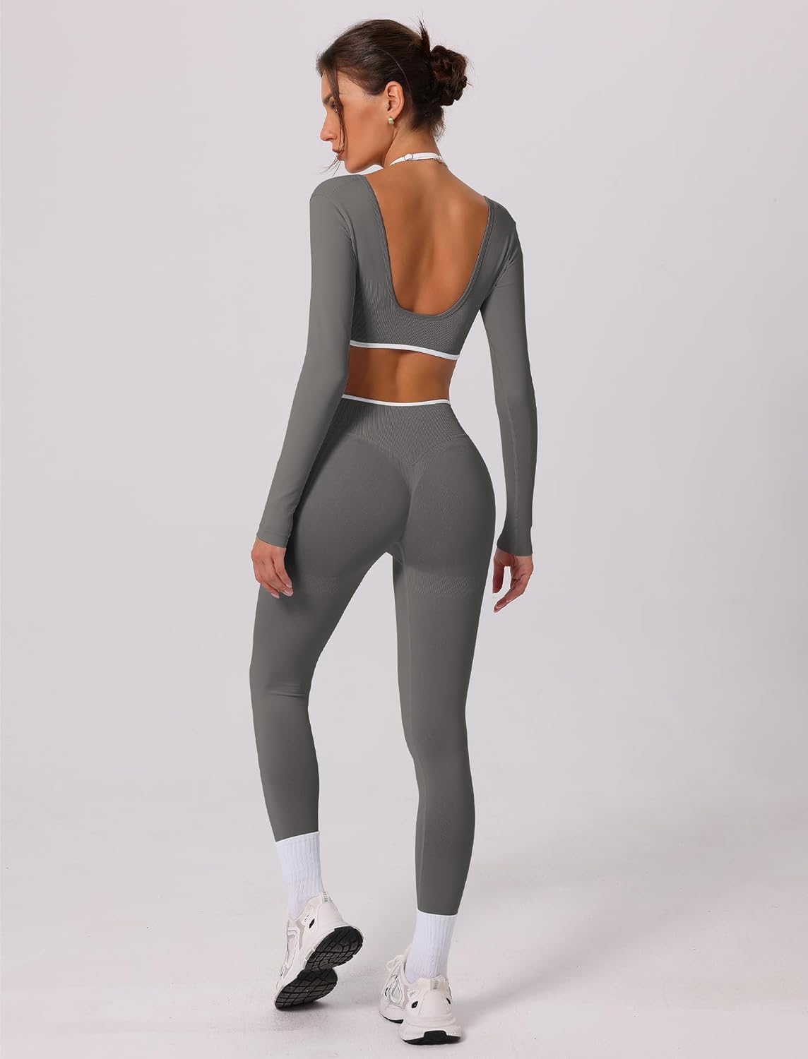 2 Piece Workout Sets for Women Contrast Panel Long Sleeve Halter Crop Top and High Waist Leggings Jogger Outfits