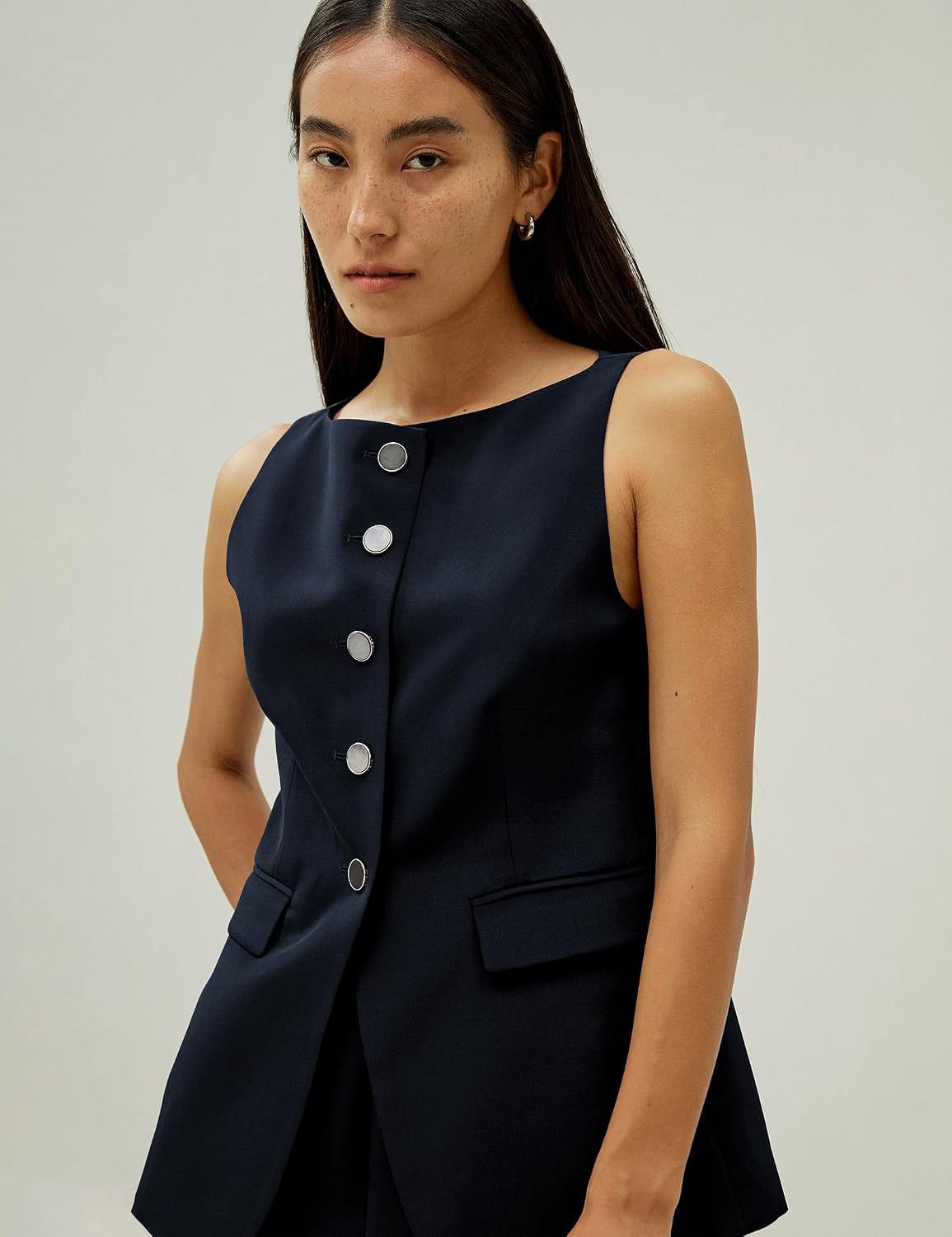 Women's Silk Button Front Blazer Vest Navy Sleeveless Waistcoat