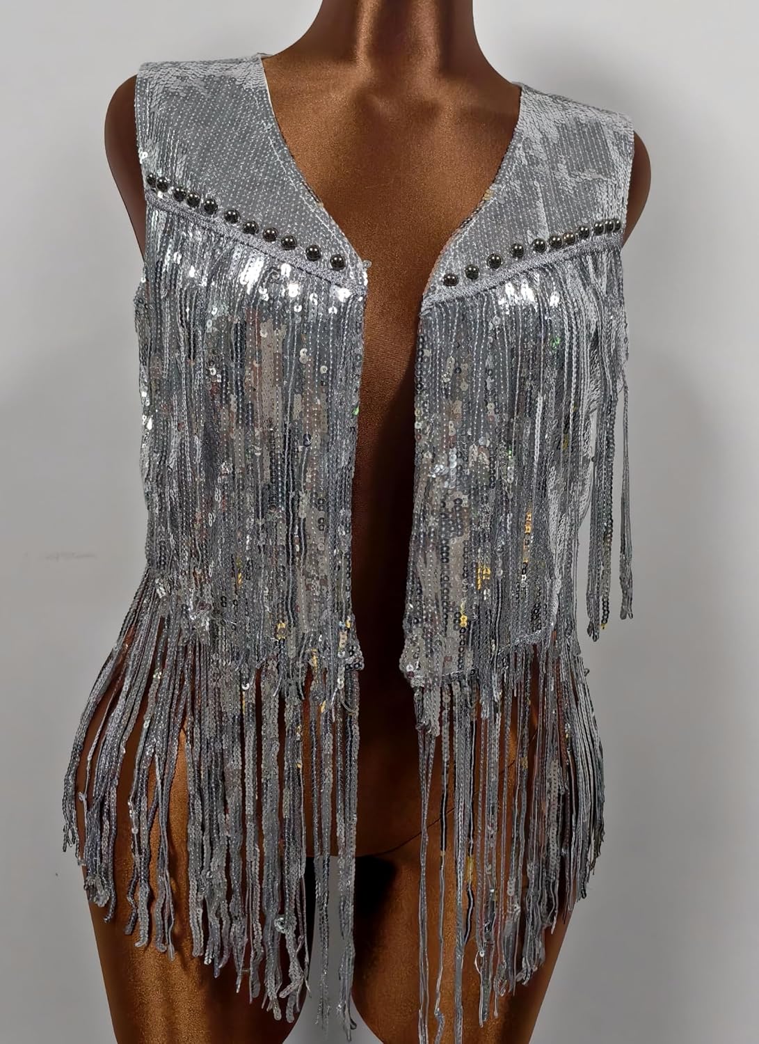Women's Light Up Sequin Fringe Vest Festival Silver