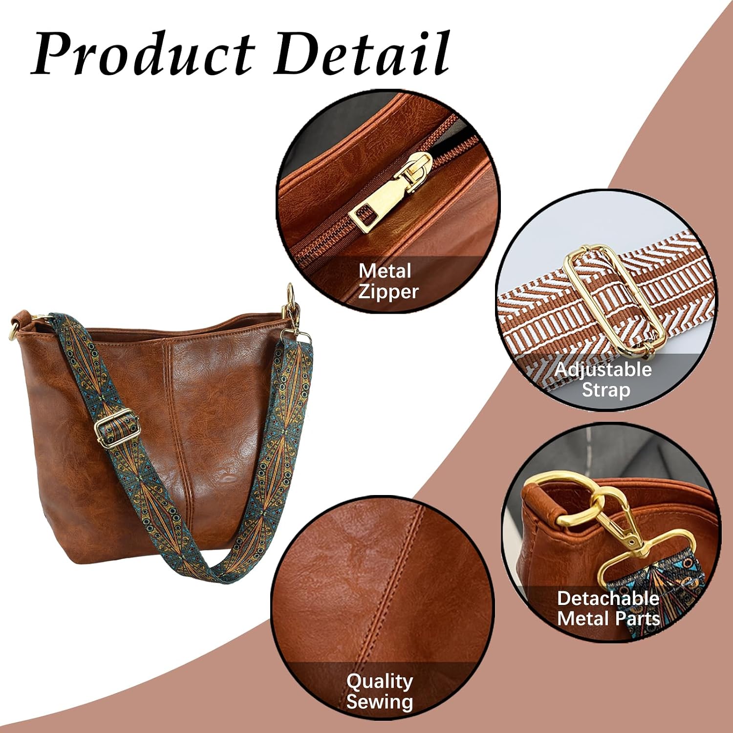 Women's Brown Hobo Crossbody Bag with Boho Guitar Strap