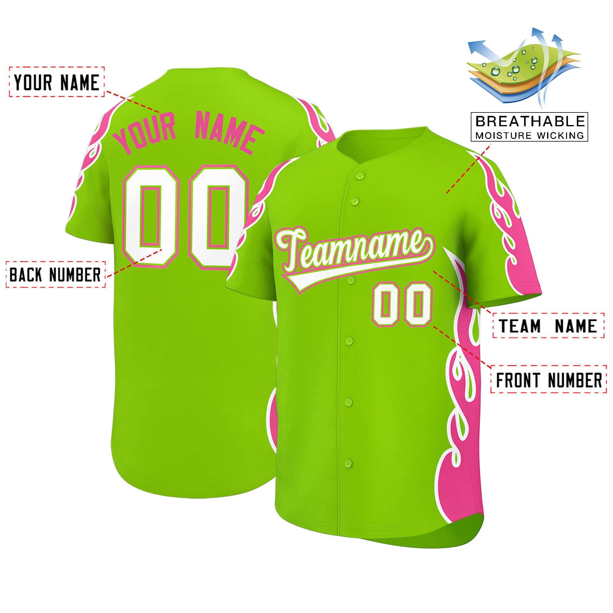 Benutzerdefiniertes Baseball-Trikot mit Seitenflammen-Umrissmuster für Sportuniformen