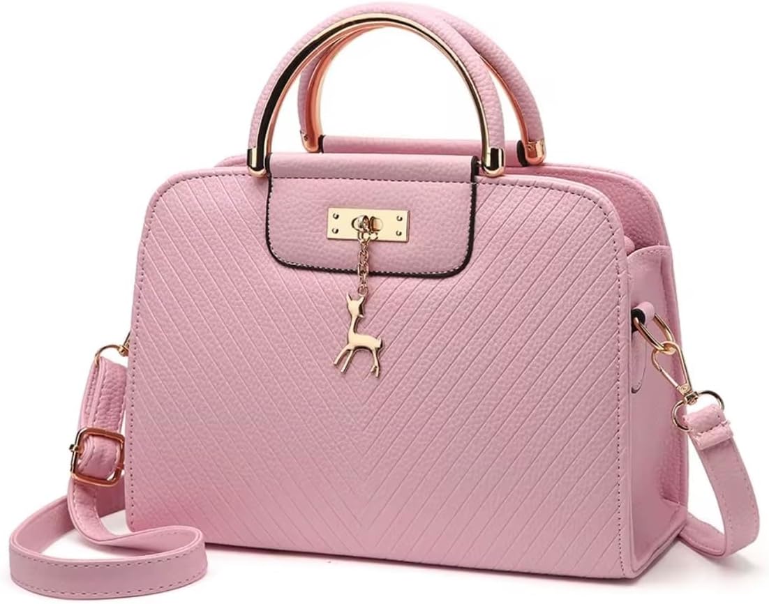 Women's Quilted Top Handle Satchel Bag Deer Charm Pink